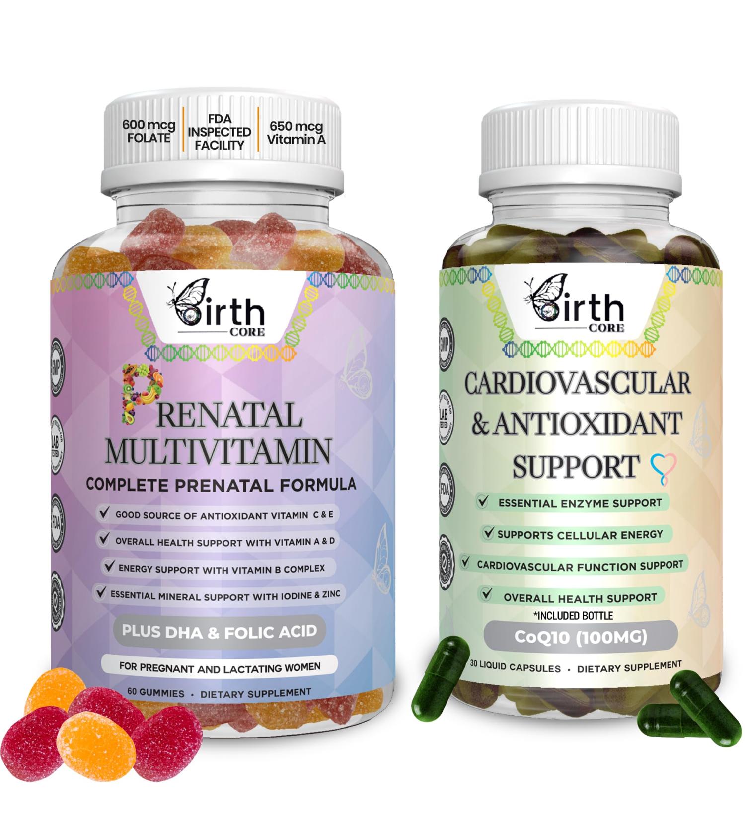 BIRTH CORE Prenatal Vitamins with CoQ10 - 2 Bottles Multivitamin Gummies for Women | DHA, Folic Acid, Cardiovascular & Antioxidant Support | Conception & Fertility Supplements - Buy Online on GoSupps.com