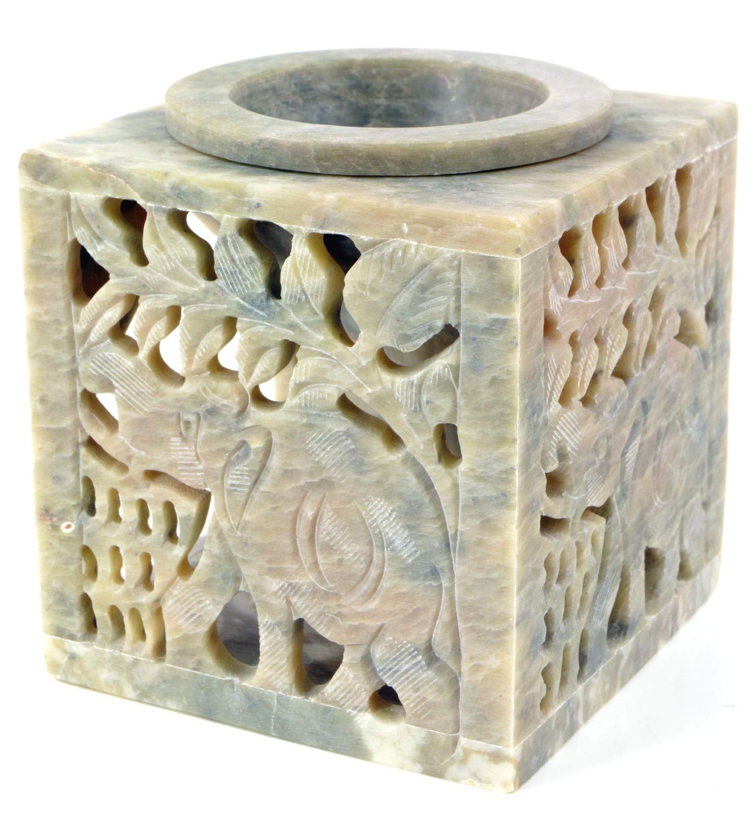 GURU Indian Fragrance Lamp - Essential Oil Diffuser & Tealight Holder | Cream White Bacon Stone Cube Elephant | 7.5x7.5x7.5 cm | Perfect for Aromatherapy & Home Fragrance - Buy Online on GoSupps.com