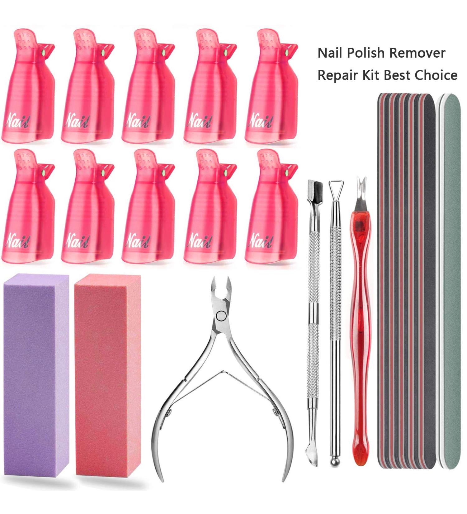 Nail Polish Remover Tool Kit - Triangle Cuticle Peeler, Pusher, Nipper, Clippers, Remover Clips, Buffers - Buy Online on GoSupps.com