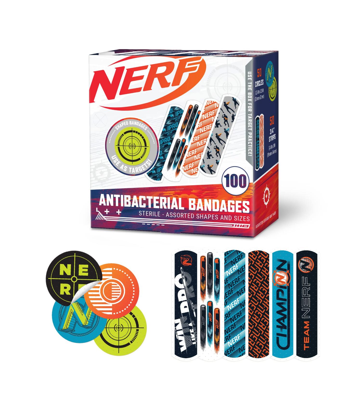 Nerf Kids Assorted Bandages 100 ct | Fun Sticker-Like Designs for Cuts & Scrapes | Adhesive Antibacterial Bandages for Kids & Toddlers - Buy Online on GoSupps.com