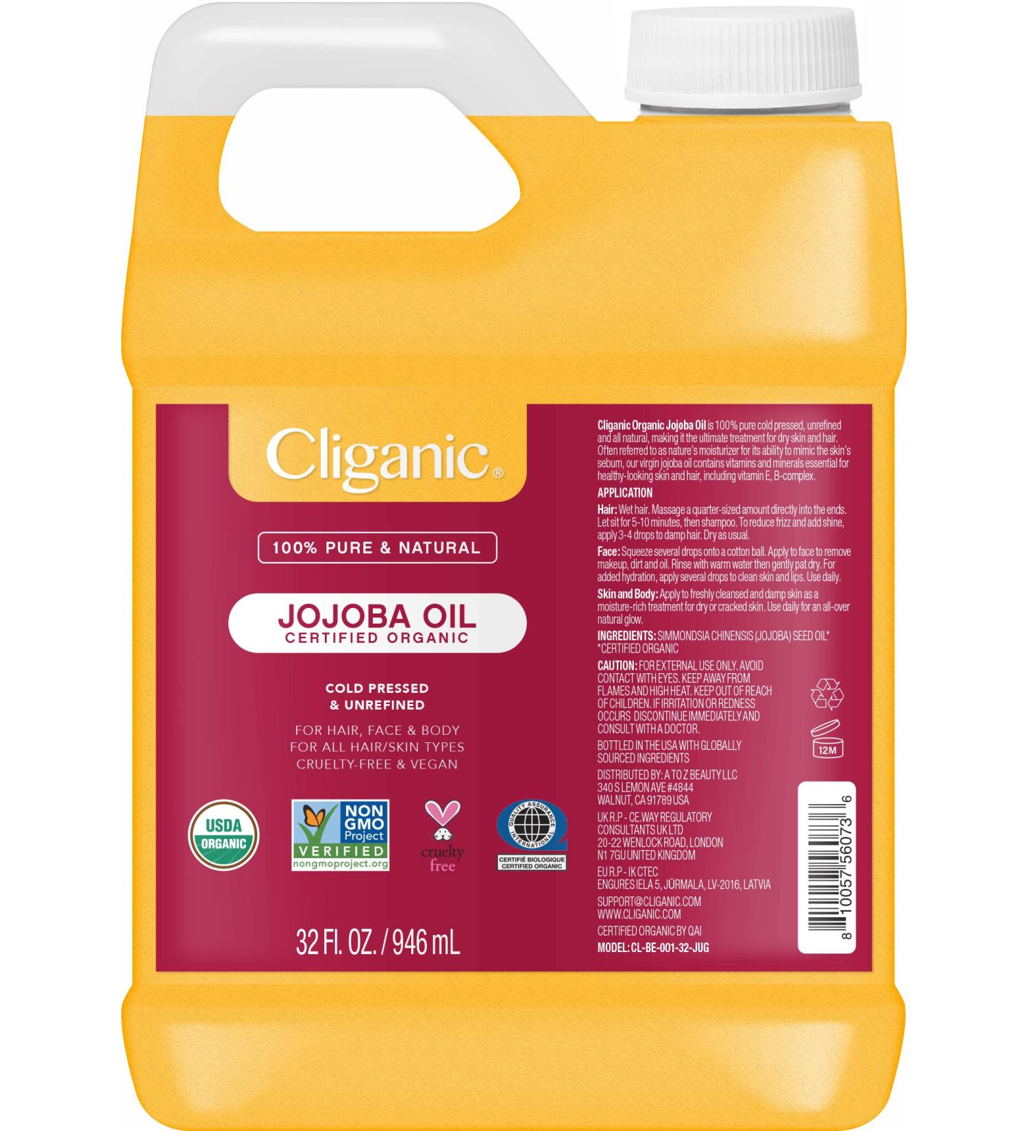 Cliganic Organic Jojoba Oil Bulk 32oz - 100% Pure | Cold-Pressed, Natural Moisturizer - Buy Online on GoSupps.com