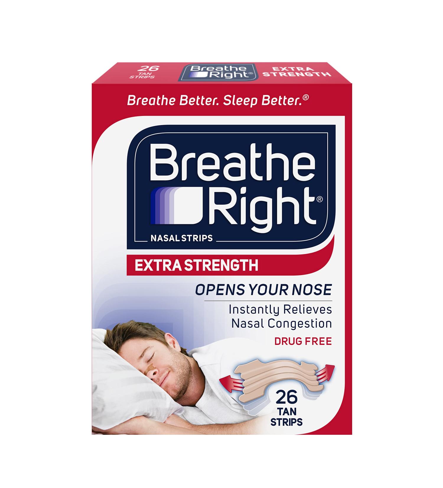 Breathe Right Extra Strength Tan Nasal Strips - 26 Count | Stop Snoring & Relieve Nasal Congestion | Drug-Free Solution for Allergies & Colds - Buy Online on GoSupps.com