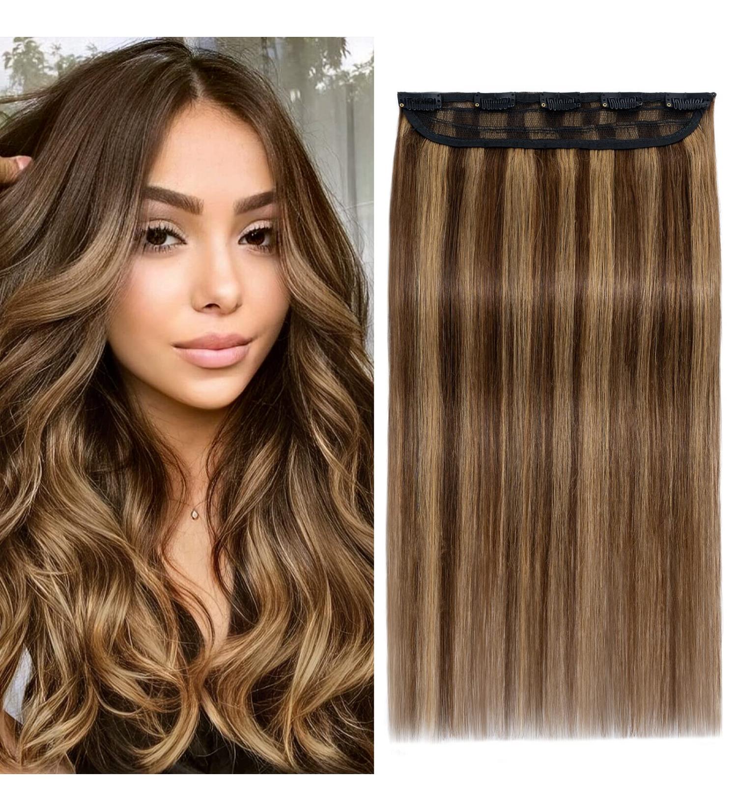 Benehair Clip in Human Hair Extensions Natural Real Hair Clip in 8Inches 40g Hair Extensions Clip In One Piece 5 Clips Human Hair Extension with Clip for Women Medium Brown Mixed Dark Blonde #4P27 - Buy Online on GoSupps.com