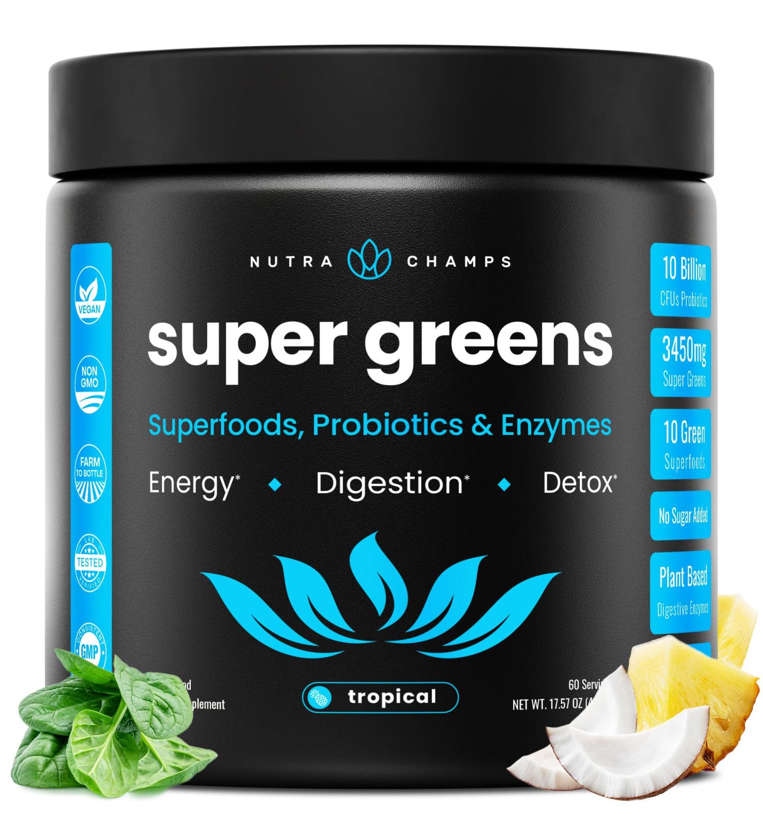 NutraChamps Super Greens Powder Premium Superfood | 20+ Organic Green Veggie Whole Foods | Wheat Grass Spirulina Chlorella | Antioxidant Digestive Enzyme & Probiotic Blends (9.1 OZ Tropical) 9.1 Ounce (Pack of 1) - Buy Online on GoSupps.com