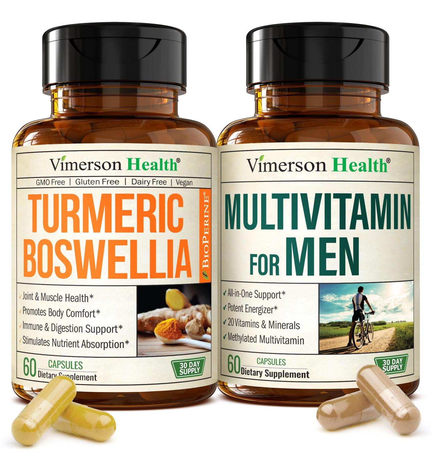 Boswellia Turmeric Curcumin Supplement + Multivitamin for Men Bundle Supports Joint Health & Complete Daily Wellness with Ginger Root Organic Turmeric Powder Methylated Vitamin B12 Zinc & More - Buy Online on GoSupps.com