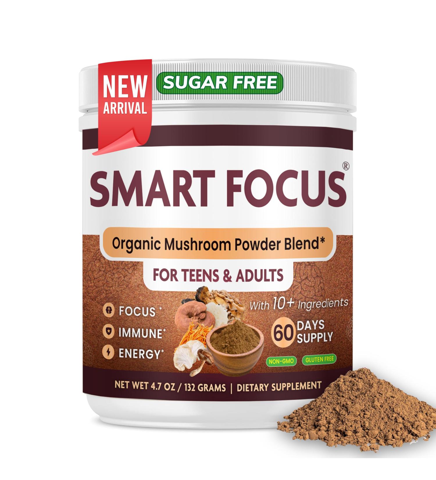 Smart Focus Lions Mane Mushroom Focus Supplement | Memory Brain Health Clarity & Immune Support 8-in-1 Blend (2 Month Supply) Sugar-Free Unflavored Turkey Tail Shiitake Chaga Mushroom - Buy Online on GoSupps.com