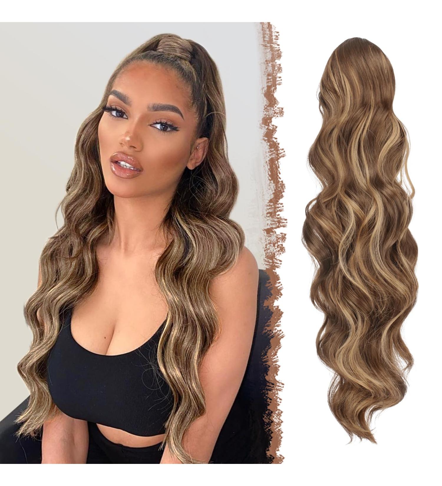 60cm Synthetic Wavy Curly Ponytail Hair Extension for Women - Honey Blonde & Light Brown Mix - Buy Online on GoSupps.com