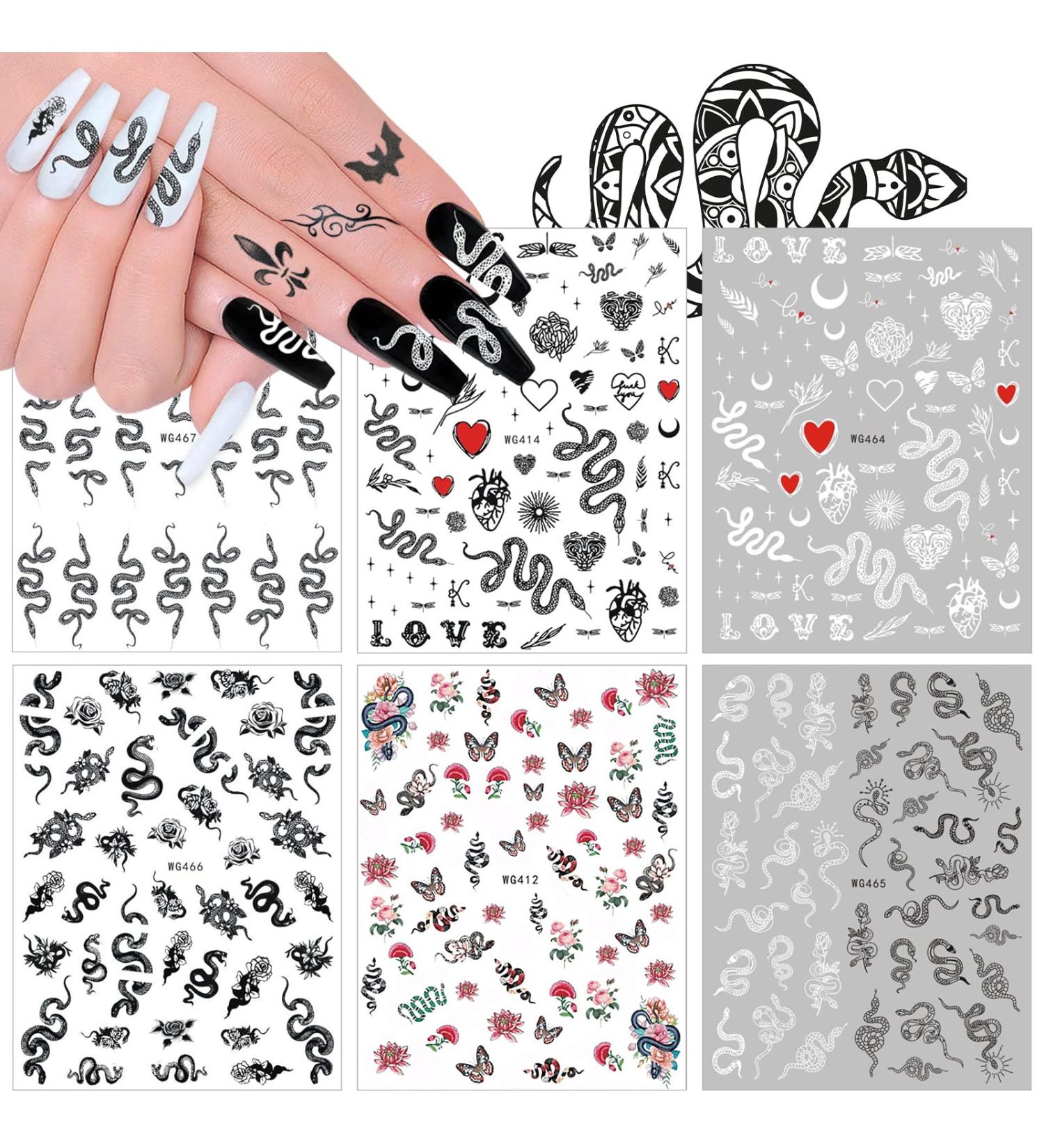 Kalolary 6 Sheets 3D Snake Nail Art Stickers - Self-Adhesive Hot Snake Flower Pattern Decals for Women and Girls - DIY Nail Design Decoration - Buy Online on GoSupps.com