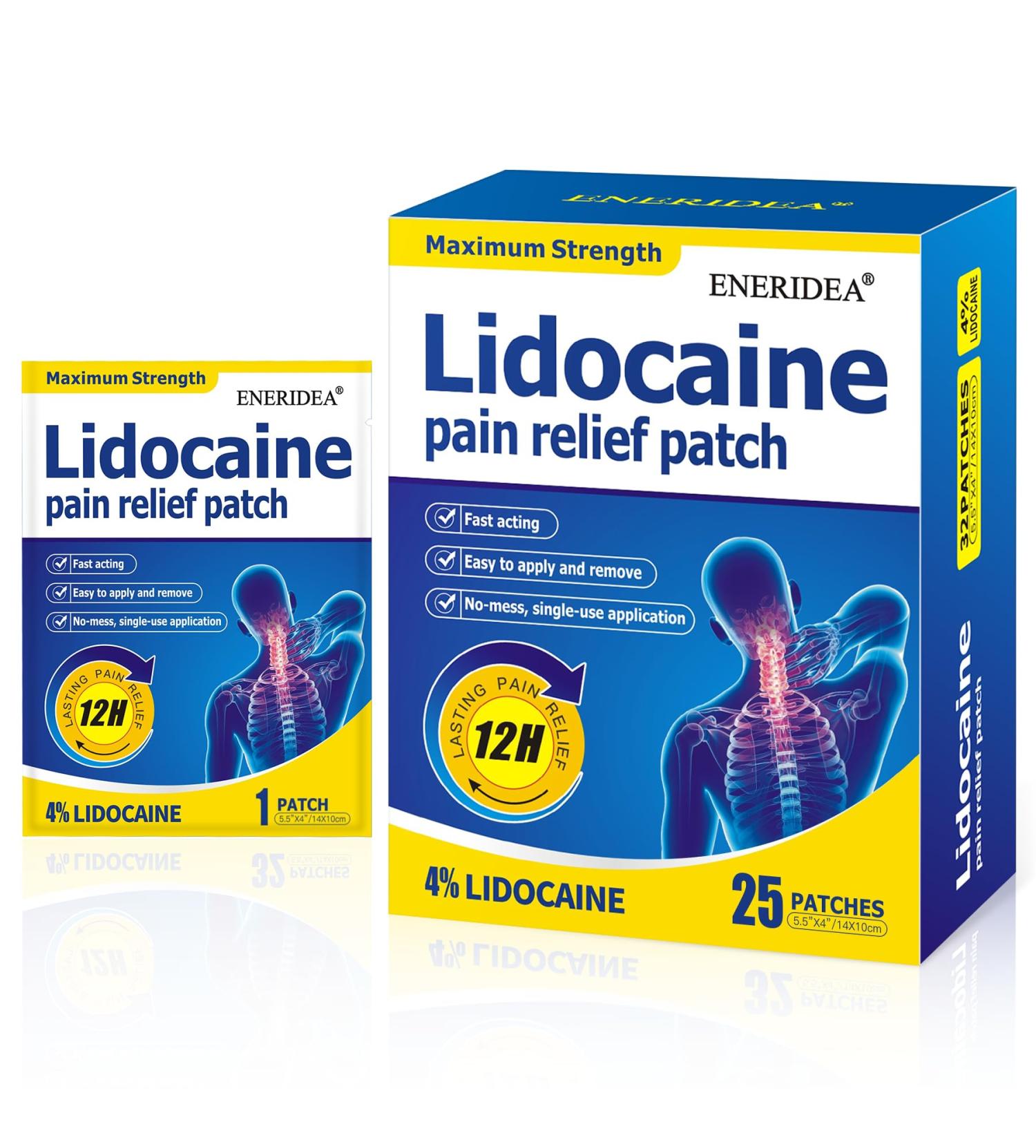 ENERIDEA 4% Lidocaine Patches, 25 Count Maximum Strength Pain Relief Patch for Muscle Relief in Neck Knee Back and Shoulders, 12 Hour Long Lasting Relief Pains (25 Count) - Buy Online on GoSupps.com