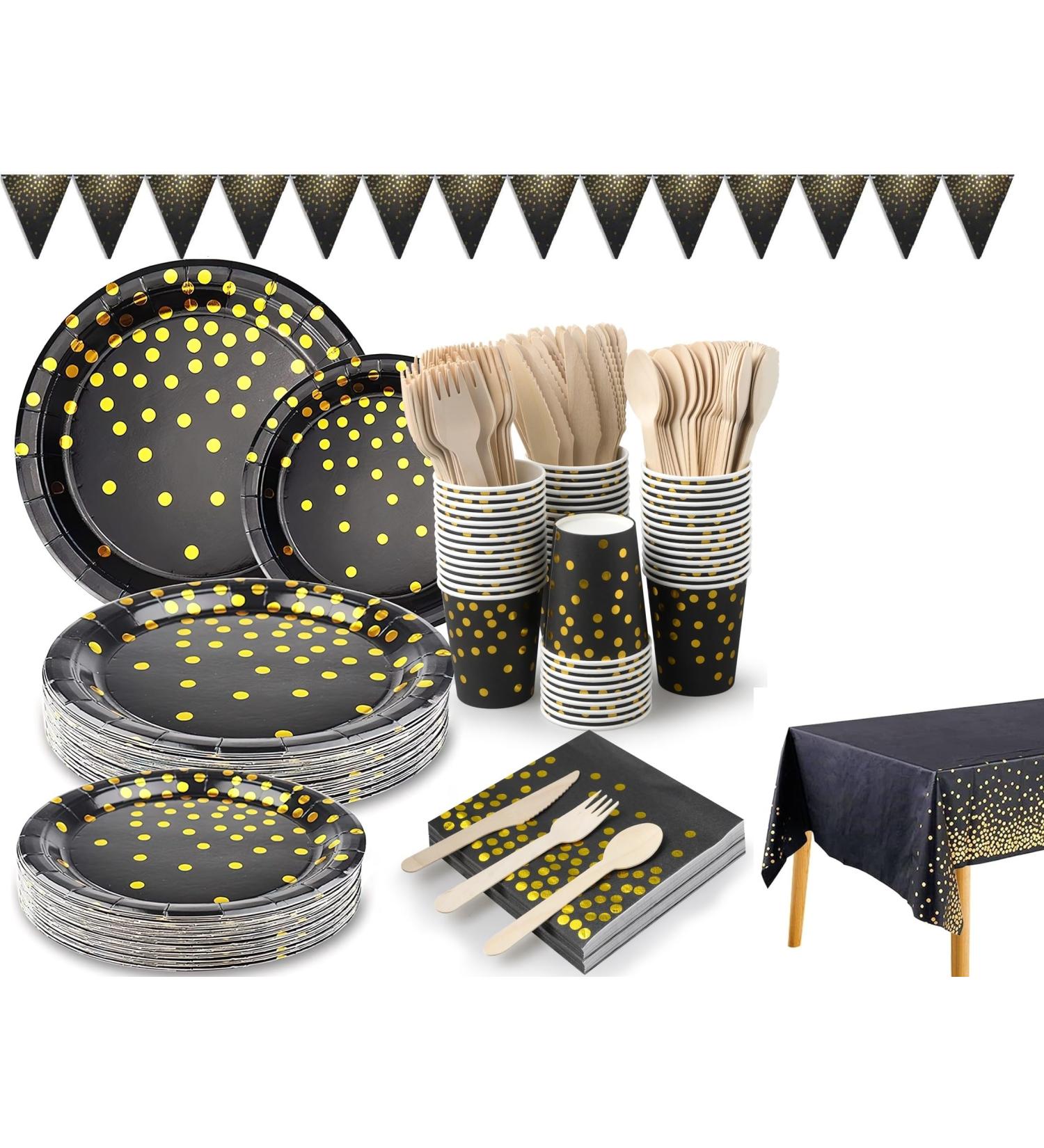 Black and Gold Party Supplies 352 Pcs Disposable Dinnerware Gold Dot Paper Plate Napkin Cup Cutlery Tablecloth Banner for Birthday Graduation Wedding Christmas Party(50 Guest) - Buy Online on GoSupps.com
