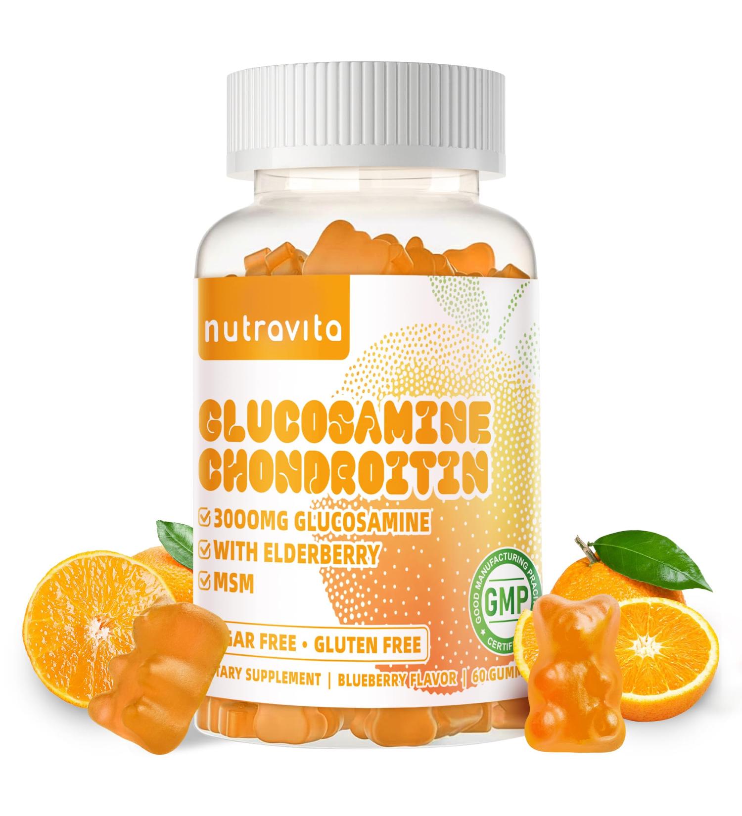 Nutravita Glucosamine Chondroitin Gummies with MSM & Elderberry Extra Strength - Joint Support Antioxidant Immune Support Supplement for Adults Men & Women.60 Orange Chews - Buy Online on GoSupps.com