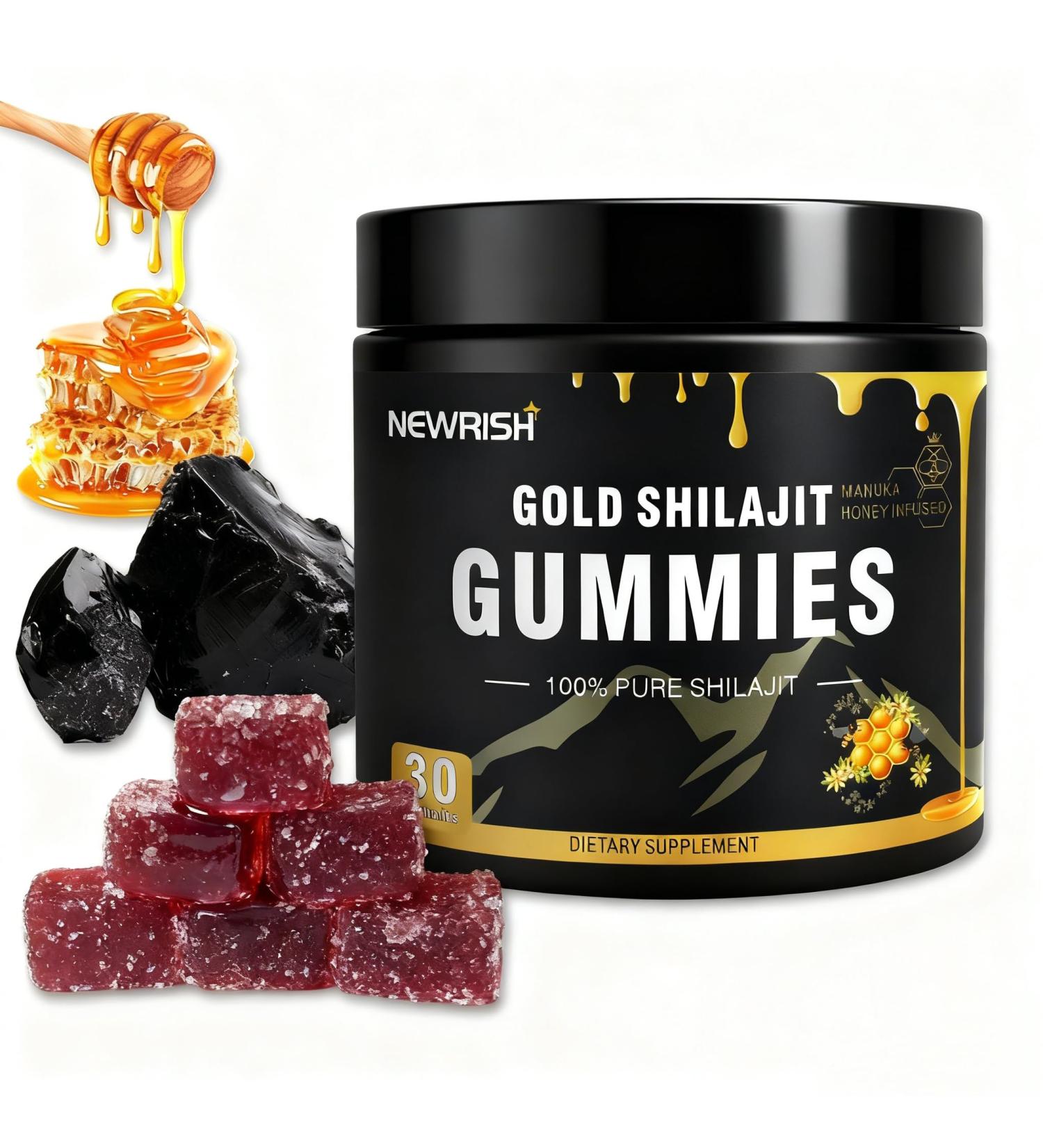 Newrish 2 Shilajit Gummies - Himalayan Source with Gokshura & Fulvic Acid 85+ Trace Minerals No Added Sugar 100% Natural Organic Non-GMO 30-Count for Men & Women - Buy Online on GoSupps.com
