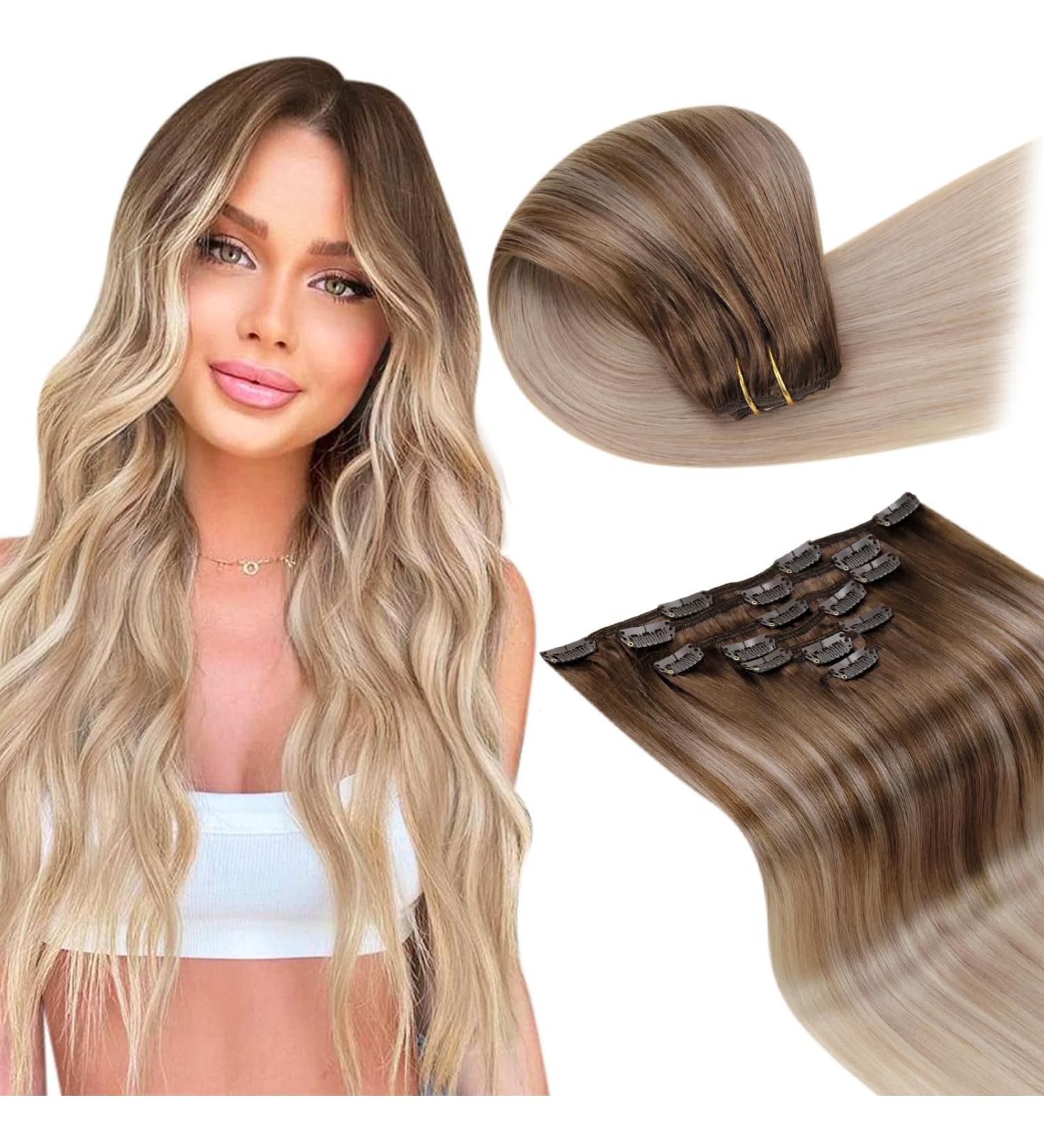 LAAVOO Real Hair Extensions Clip 40cm - Remy Ombre Blond Light Brown Balayage Dark Ash Blond - 105g/7 Pieces for Effortless Volume & Length - Buy Online on GoSupps.com