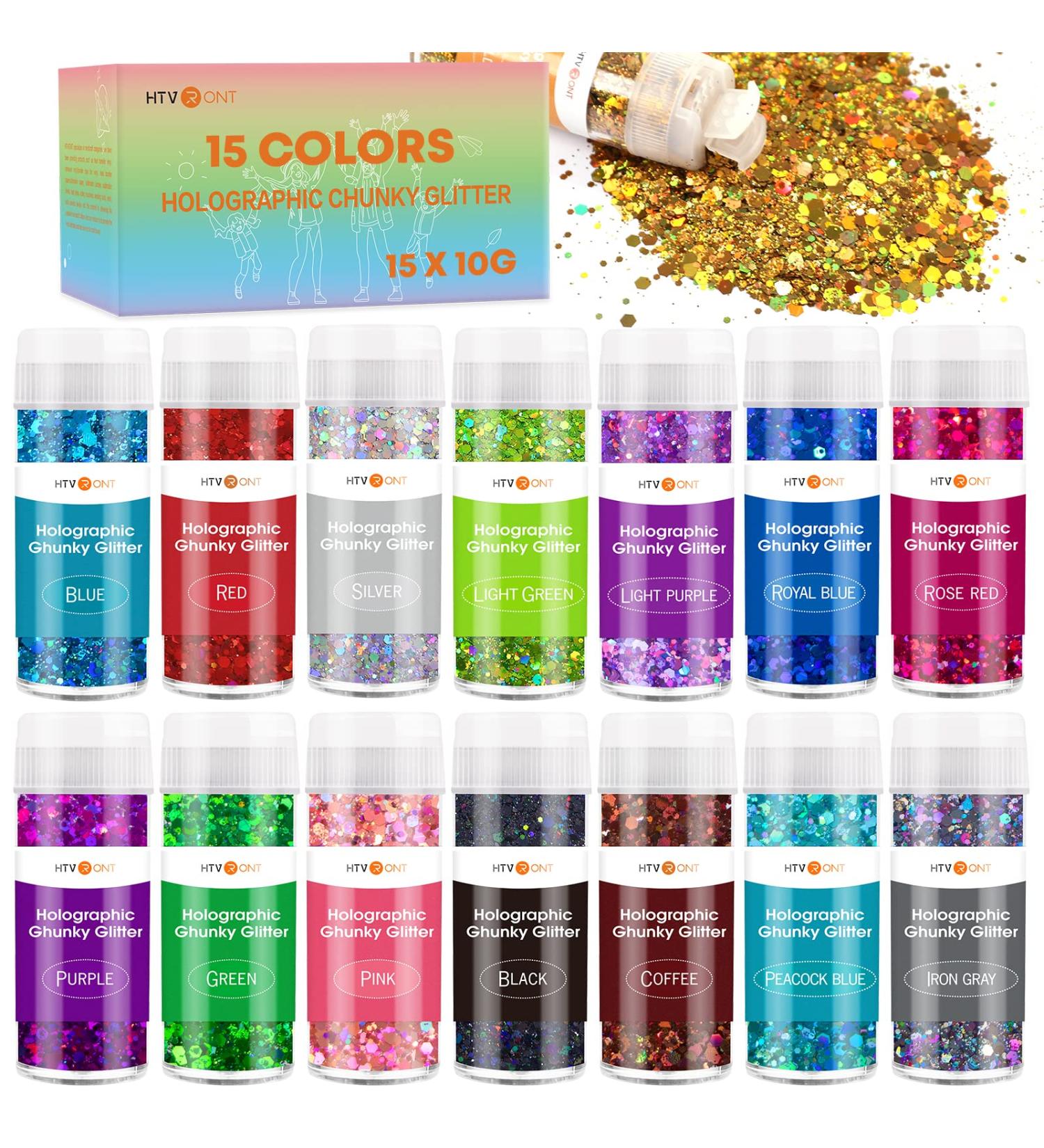 HTVRONT Holographic Chunky Glitter for Resin - 15 Color Set, 150g/5.3oz - Perfect for Tumblers, Crafts, Body, Face, Nails - Buy Online on GoSupps.com