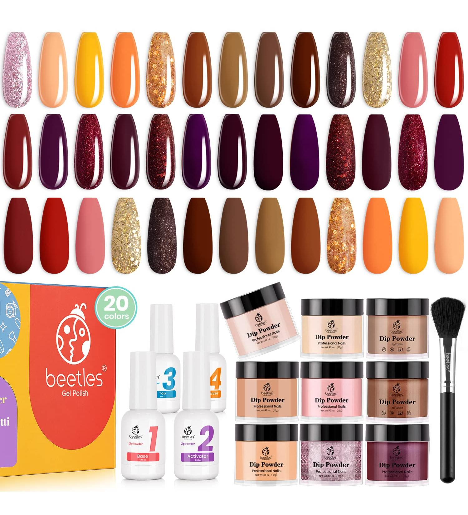 Beetles 25Pcs Dip Powder Nail Kit - Fall Harvest Collection | 20 Colors Gold, Yellow, Burgundy Glitter Dipping Powder Set with Base, Activator, Top Coat - Nail Art Essential Kit - Buy Online on GoSupps.com