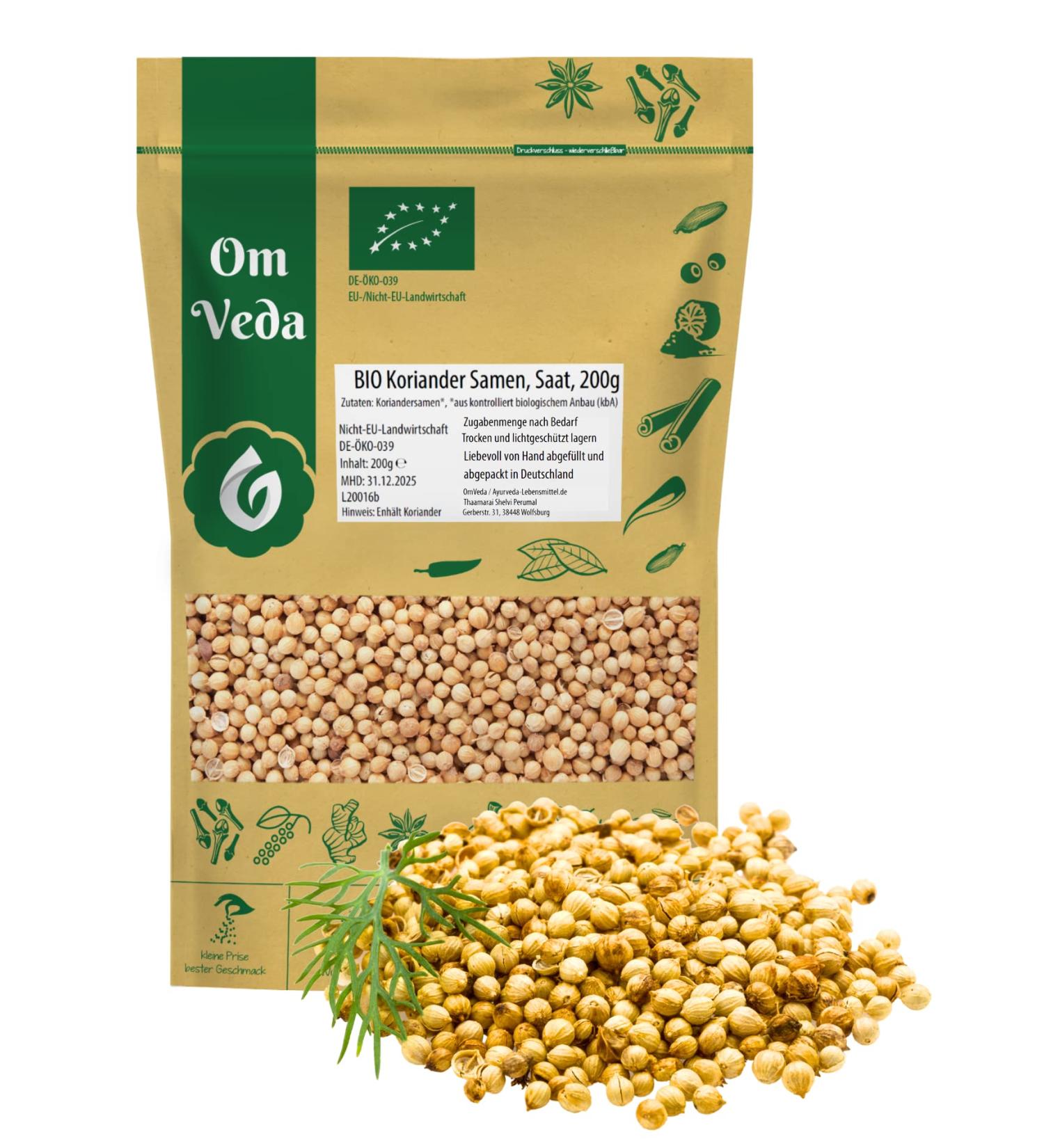 Organic Coriander Seeds Whole 200g - Premium Quality | OmVeda Spices for Cooking & Seasoning - Buy Online on GoSupps.com