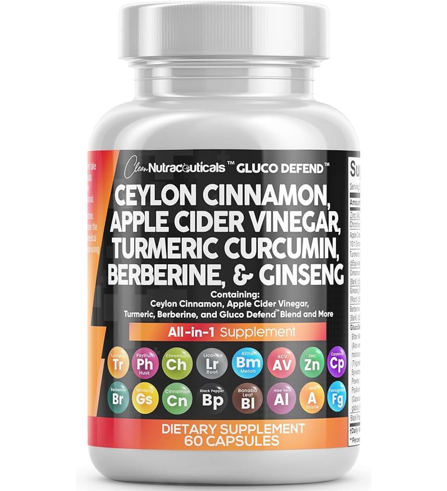 Clean Nutraceuticals Ceylon Cinnamon 3000mg Turmeric 3000mg Apple Cider Vinegar 3000mg Ginseng 2000mg Berberine 1200mg Plus Bitter Melon Gymnema Milk Thistle Fenugreek - Buy Online on GoSupps.com