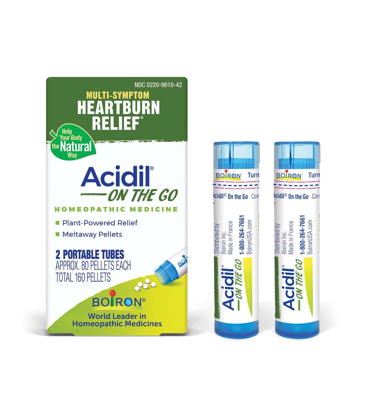 Boiron Acidil On The Go Travel Essential for Relief of Acid Reflux Heartburn Indigestion Bloating and Upset Stomach - 2 Count (160 Pellets) 80 Count (Pack of 2) - Buy Online on GoSupps.com