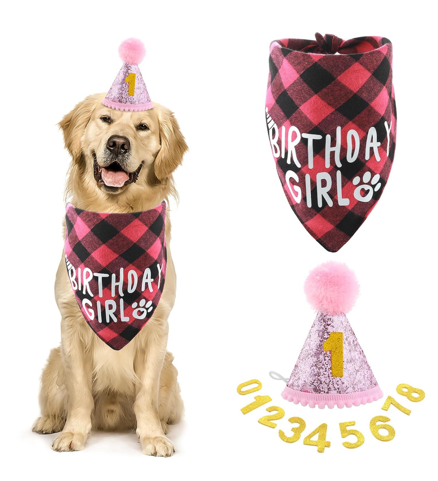 Amaxiu Dog Birthday Party Set - Bling Birthday Hat & Plaid Bandana for Small Medium & Large Dogs - Pink - Buy Online on GoSupps.com