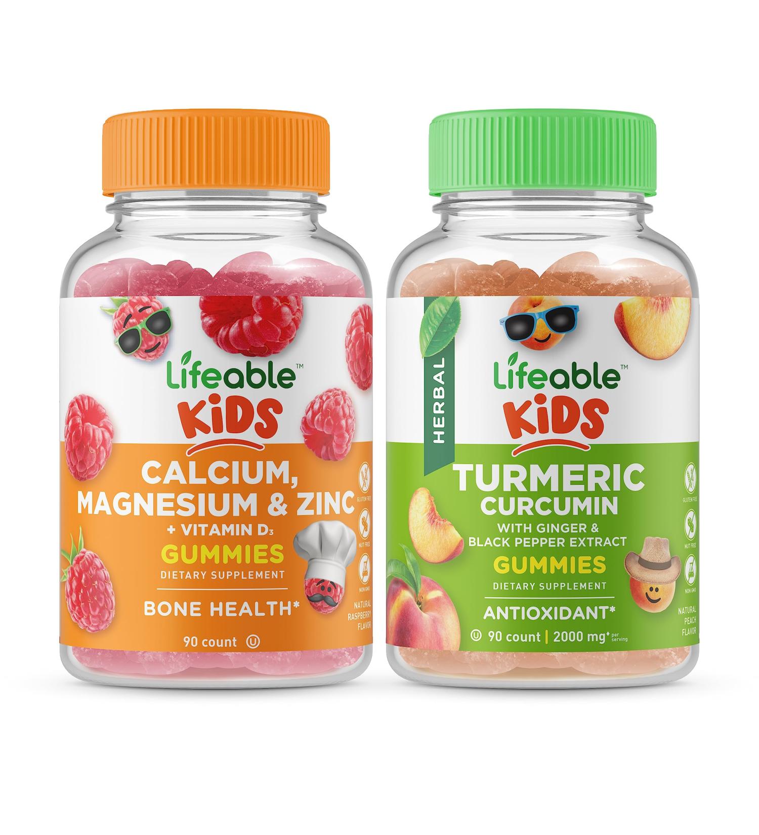 Lifeable Calcium Magnesium & Zinc Kids + Turmeric Curcumin Kids Gummies Bundle - Great Tasting Vitamin Supplement Gluten Free GMO Free Chewable Gummy - Buy Online on GoSupps.com