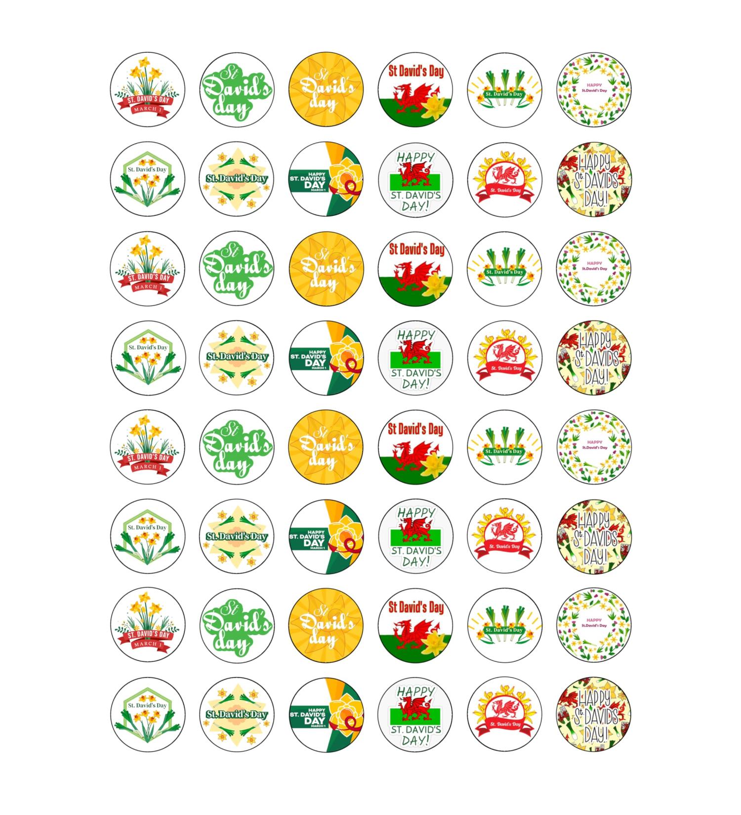 48 St David's Day Welsh Celebration Themed Edible Wafer Paper Cake Toppers Decorations - 2.5cm circles