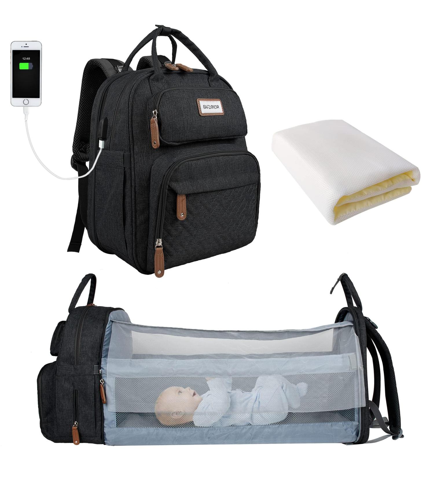 SndMor Waterproof Baby Diaper Bag Backpack - Large Unisex Design with Diaper Station & Changing Pad (Stylish Black) - Buy Online on GoSupps.com