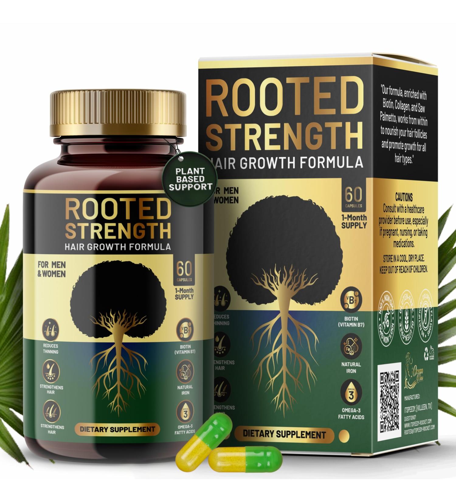 Rooted Strength Hair Growth Vitamins Hair Vitamins for Black Women & Men with DHT Blocker & Collagen Advanced Biotin for Hair Growth Women 60 Capsules 1-Month Supply for Thicker Stronger Hair - Buy Online on GoSupps.com
