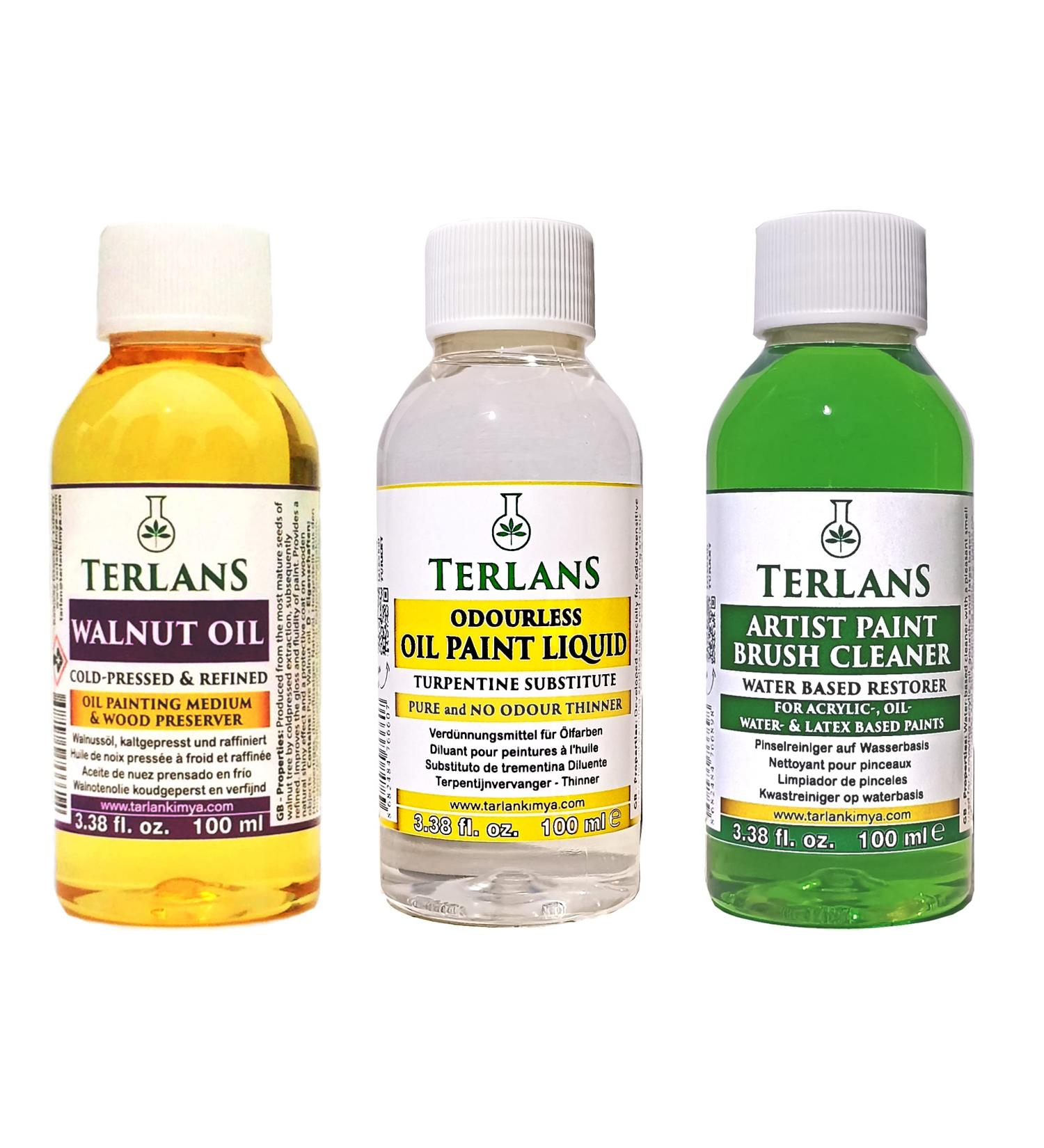 TERLANS Oil Painting Supplies 3 Pack - Odourless Thinner, Walnut Oil, Paint Brush Cleaner (3x100ml) - Buy Online on GoSupps.com