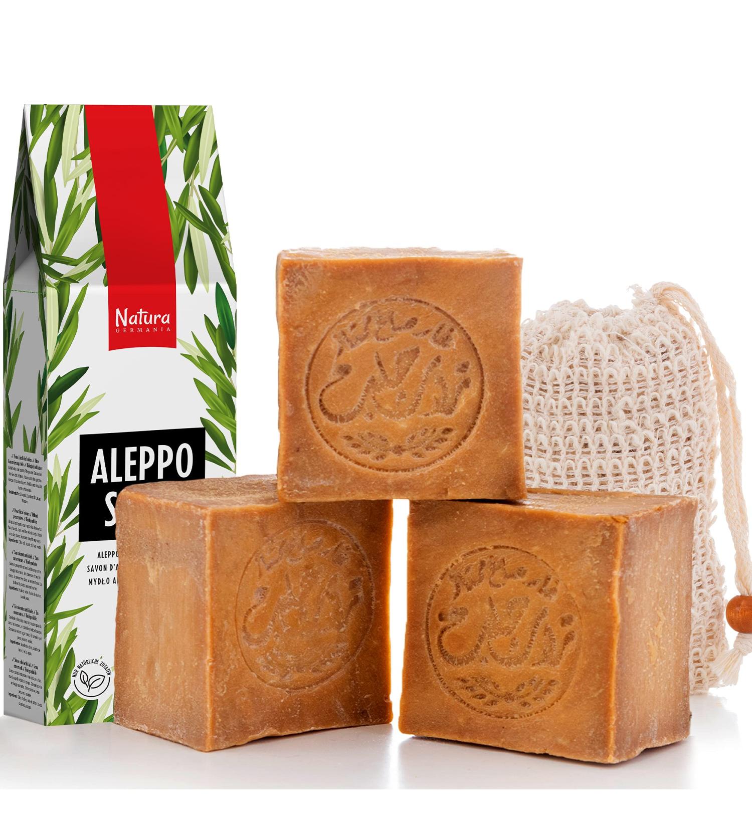 Natura Germania Original Aleppo Soap Set - 600g - 90% Olive Oil & 10% Laurel Oil - Eco-Friendly Sisal Bags - International Shipping Available - Buy Online on GoSupps.com