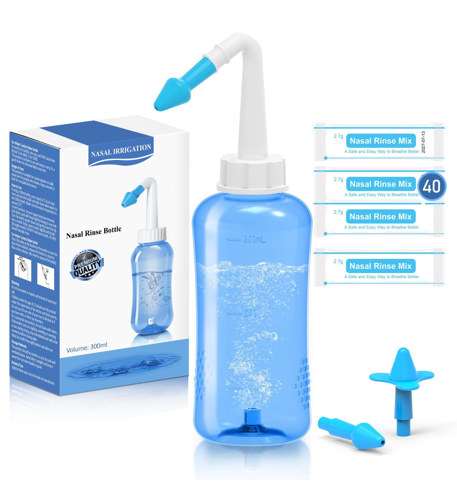 Neti Pot Sinus Rinse Kit, Sinus Rinse Bottle, Nose Wash Cleaner, Pressure Rinse Nasal Irrigation for Adult & Kid, 300ml Capacity Sinus Rinse Bottle and 40 Nasal Wash Salt Packets - Buy Online on GoSupps.com