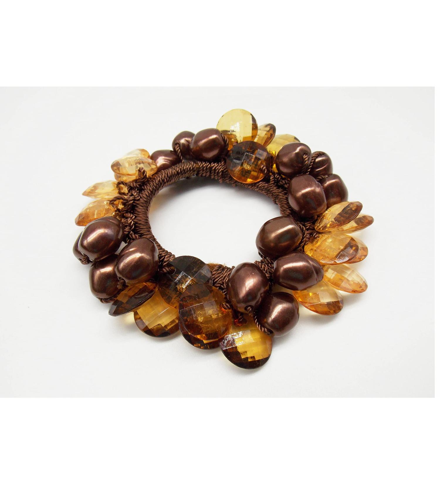 Amber and Brown Bead Hair Bobble - for Ponytail - Elasticated Scrunchie Band
