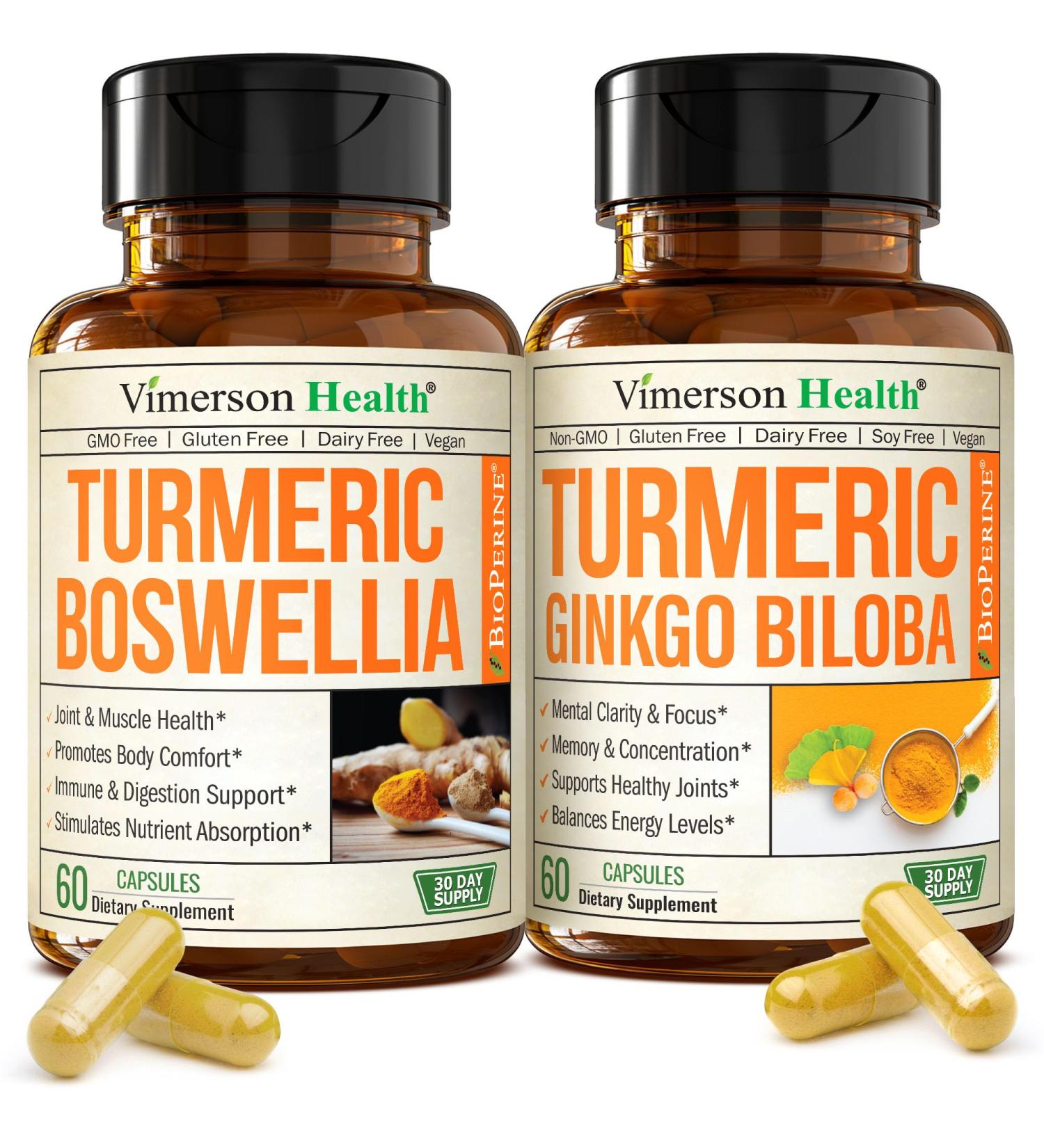 Boswellia Turmeric Curcumin Supplement + Turmeric Ginkgo Biloba Bundle Natural Turmeric Supplement for Focus Memory Joint & Brain Health with Ginger Root Curcuma Black pepper & Organic Tumeric - Buy Online on GoSupps.com
