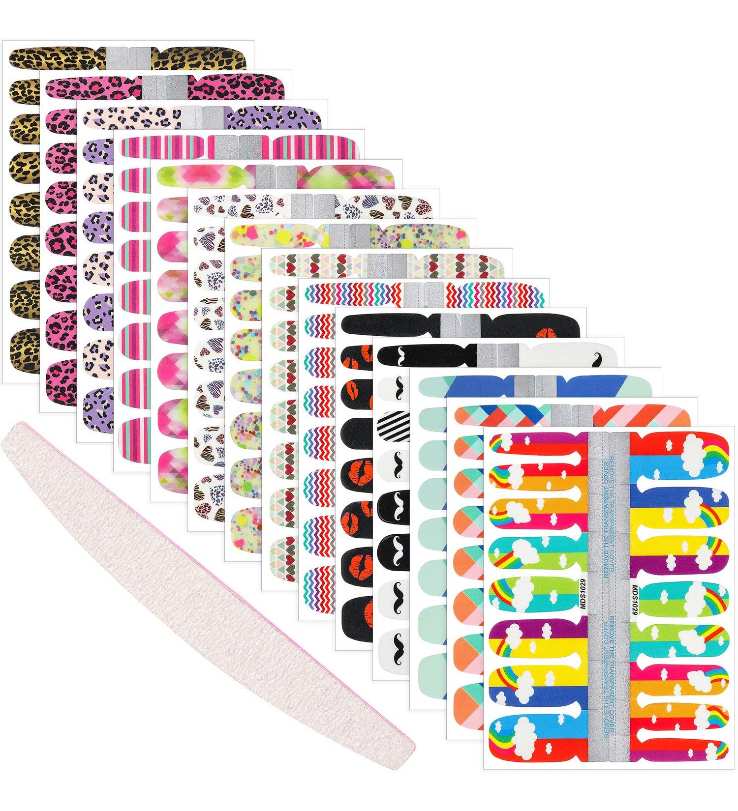Colorful Nail Wraps Stickers - 14 Sheets Nail Design Adhesive Strips with Nail File (Leopard, Heart, Stripe, Beard Pattern) - Buy Online on GoSupps.com