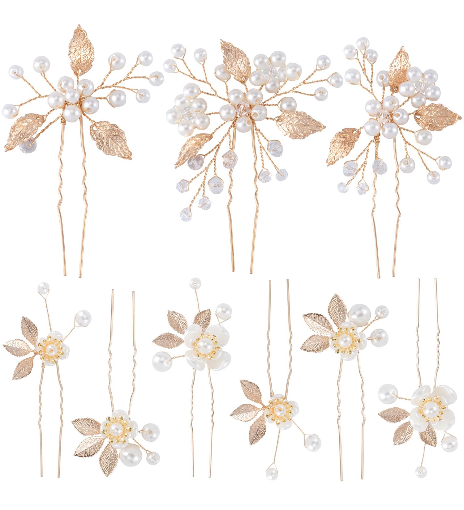 ANCIRS 9 Pack Gold Pearl Bridal Wedding Hair Pins - Leaf Style Rhinestone Flower Accessories for Women & Girls Wedding Hairstyles - Buy Online on GoSupps.com
