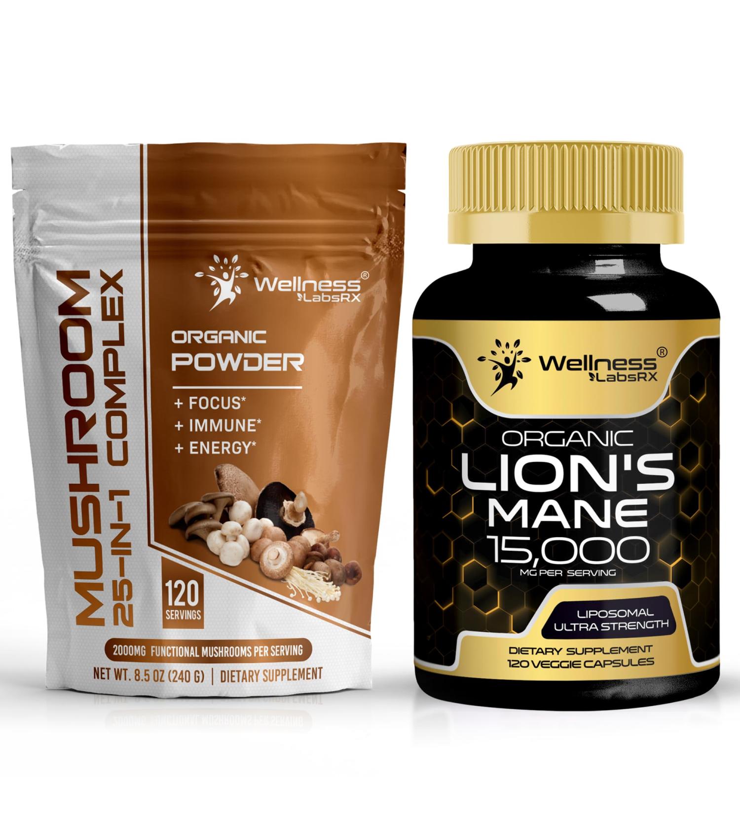 WELLNESS LABSRX Mushroom Powder 2000mg - Lions Mane Supplement Capsules