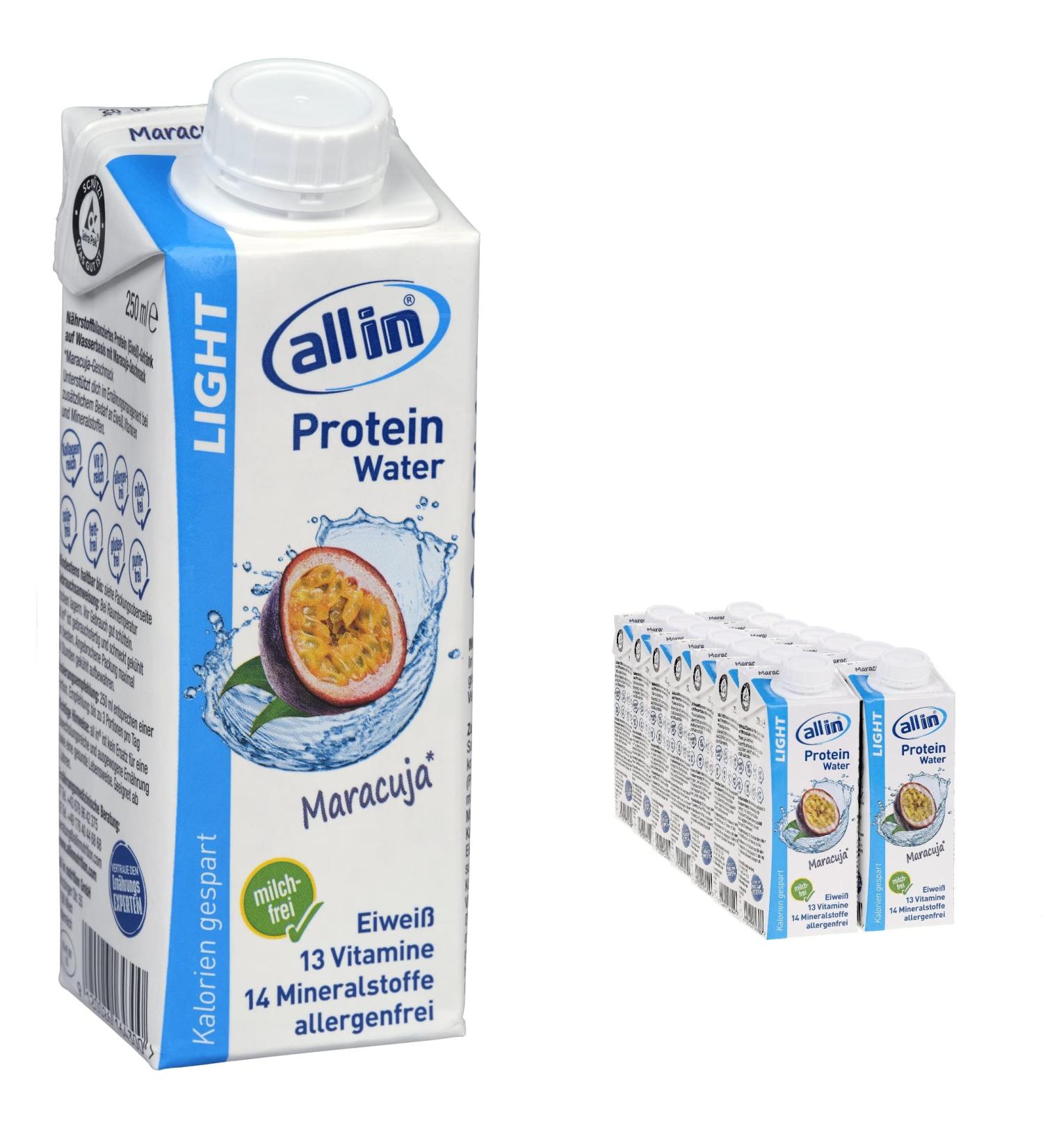 All in Light Protein Water Maracuja 14x250ml - Low Carb Fat-Free Drink for Post Workout & Weight Loss - Buy Online on GoSupps.com