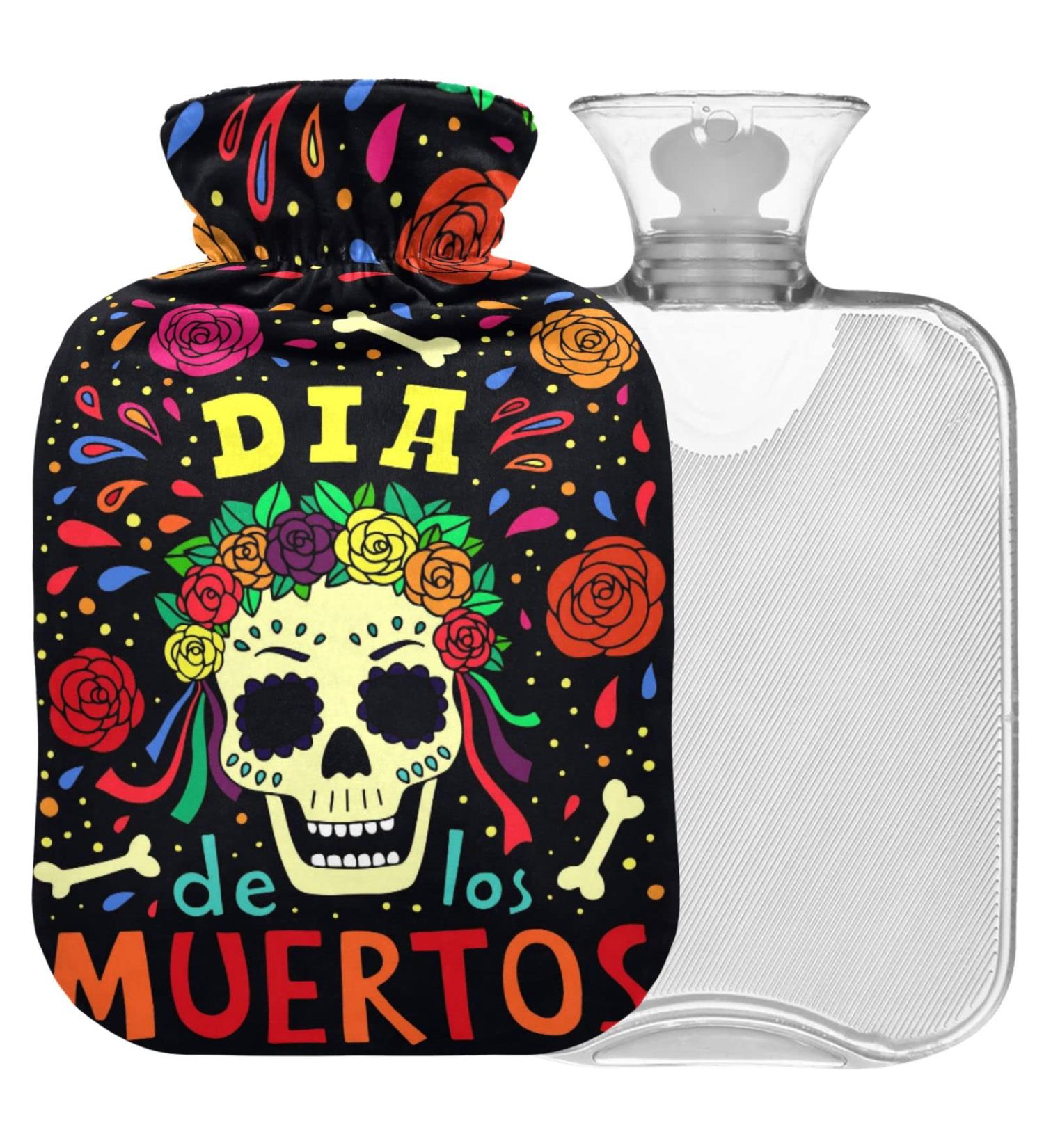 Naanle Dia de los Muertos Hot Water Bottle with Cover | 1L Transparent Hot Water Bottle for Pain Relief & Heat Therapy | Ideal for Hands & Feet - Buy Online on GoSupps.com