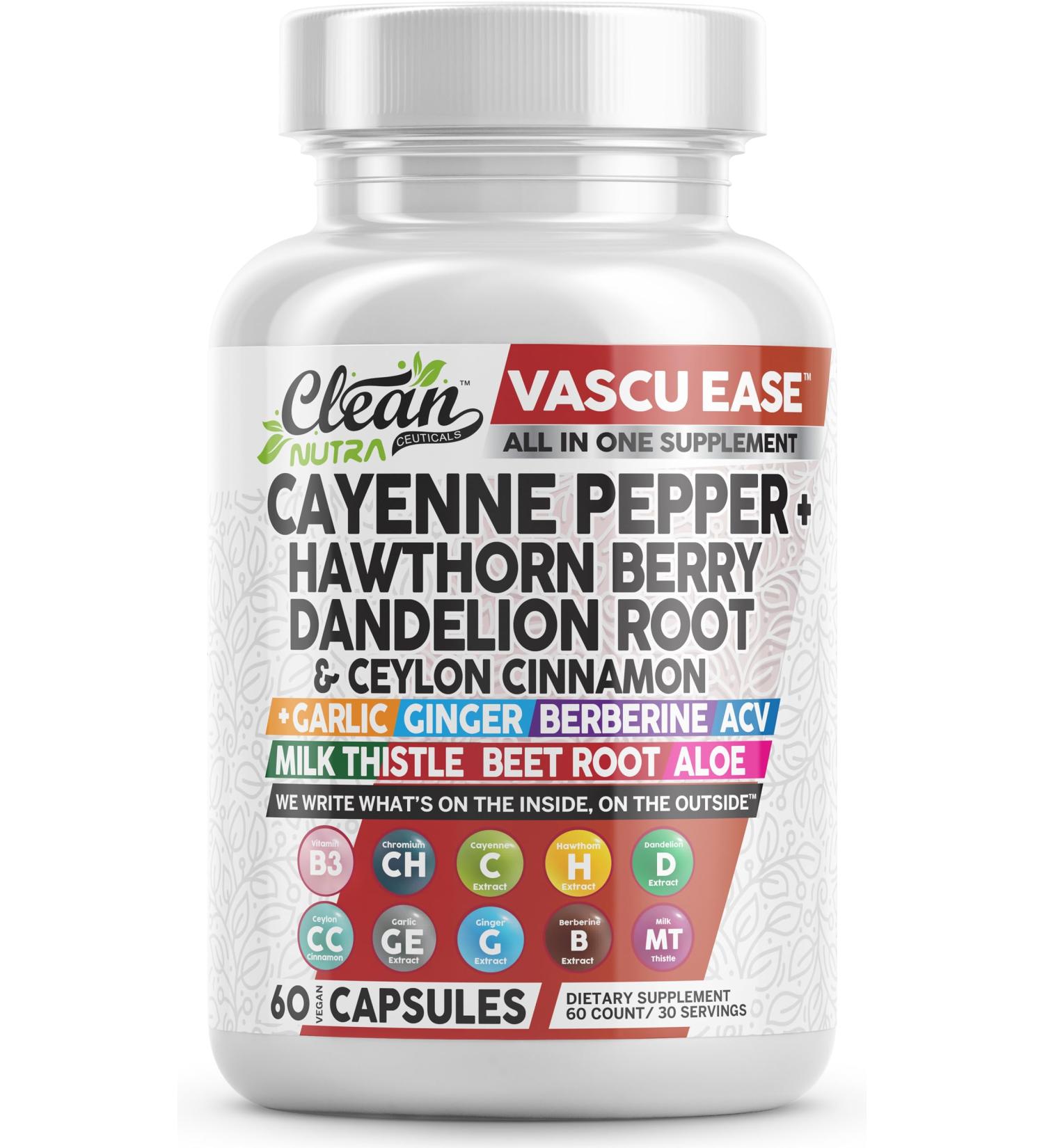 Clean Nutra Cayenne Pepper Capsules Supplement with Hawthorn Berry Dandelion Root Ceylon Cinnamon Garlic Ginger Berberine Apple Cider Vinegar Milk Thistle Beet Root Aloe Vera Pills & More - Buy Online on GoSupps.com