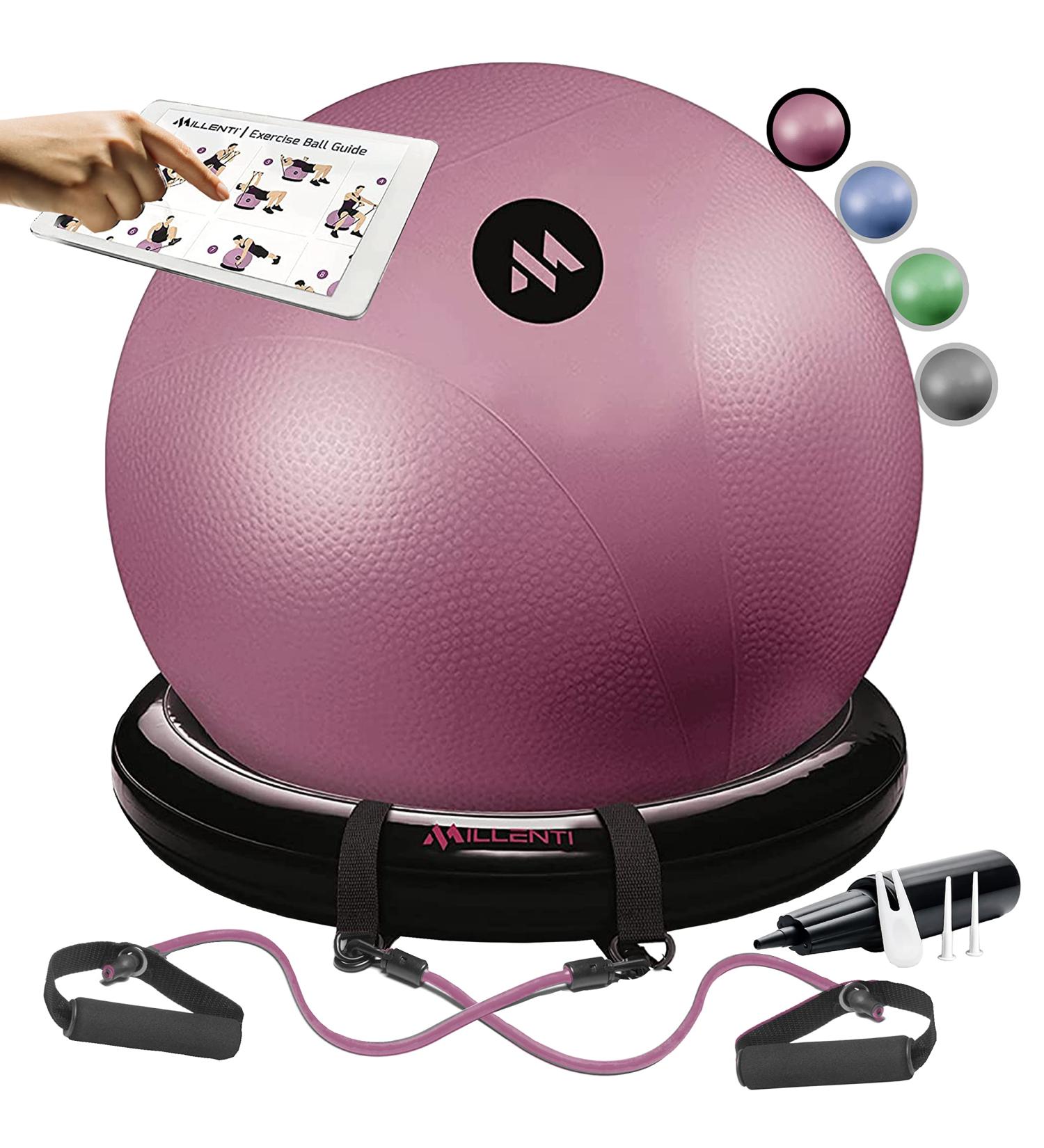 Millenti Exercise Ball Chair 65cm - Yoga Ball Chair with Stability Base Ring Kit & Resistance Bands - Ideal for Home Gym, Pilates, Office, Pregnancy - Pink Ball with Workout Chart - Buy Online on GoSupps.com