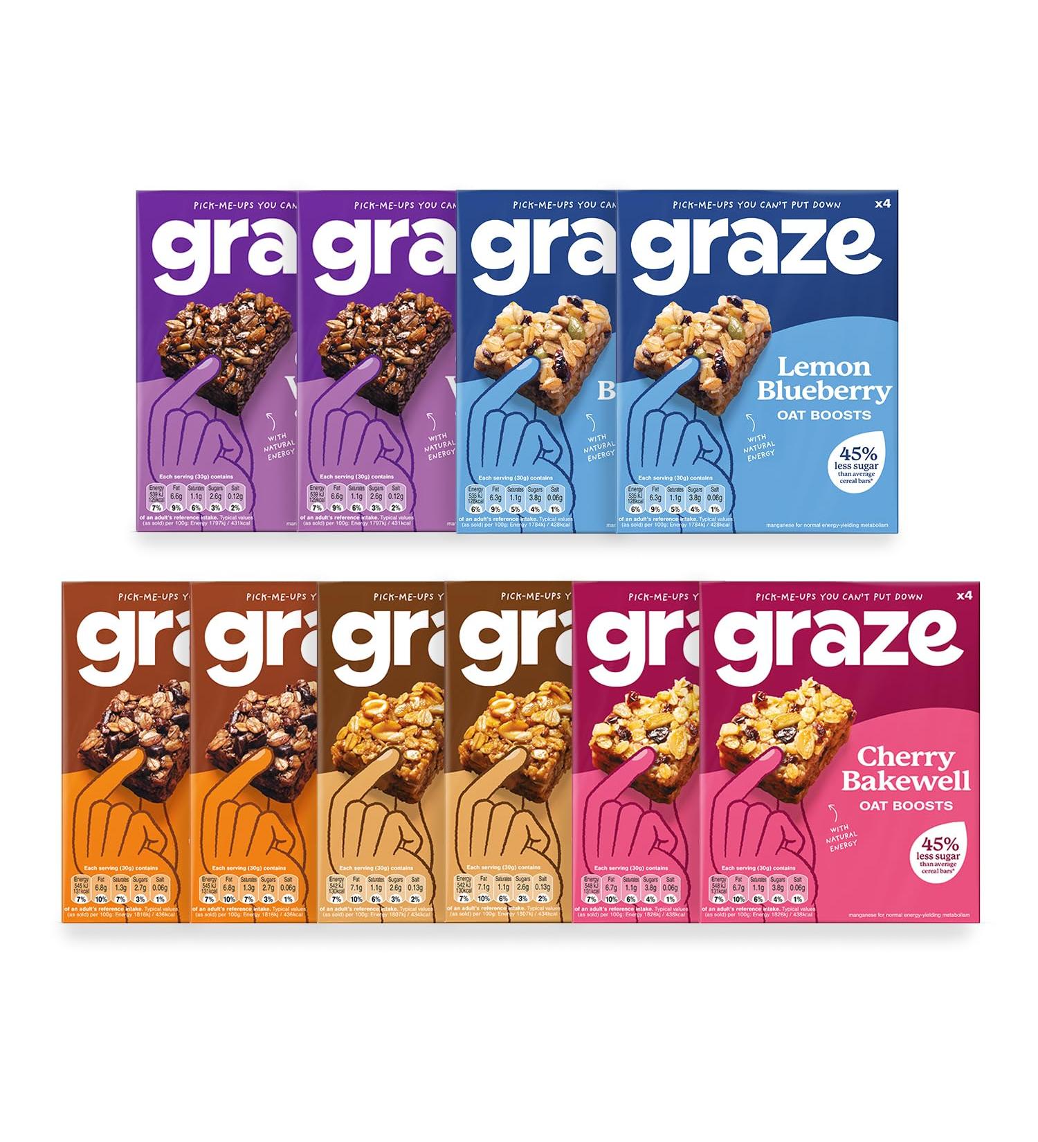 Graze Snacks-Selection box-Total 10 Snack Box Lunchbox snacks Vegan snacks - Packaging may vary - 40x30g of at least 45% less sugar than average Cereal bars Vegan Bundle 20 - Buy Online on GoSupps.com