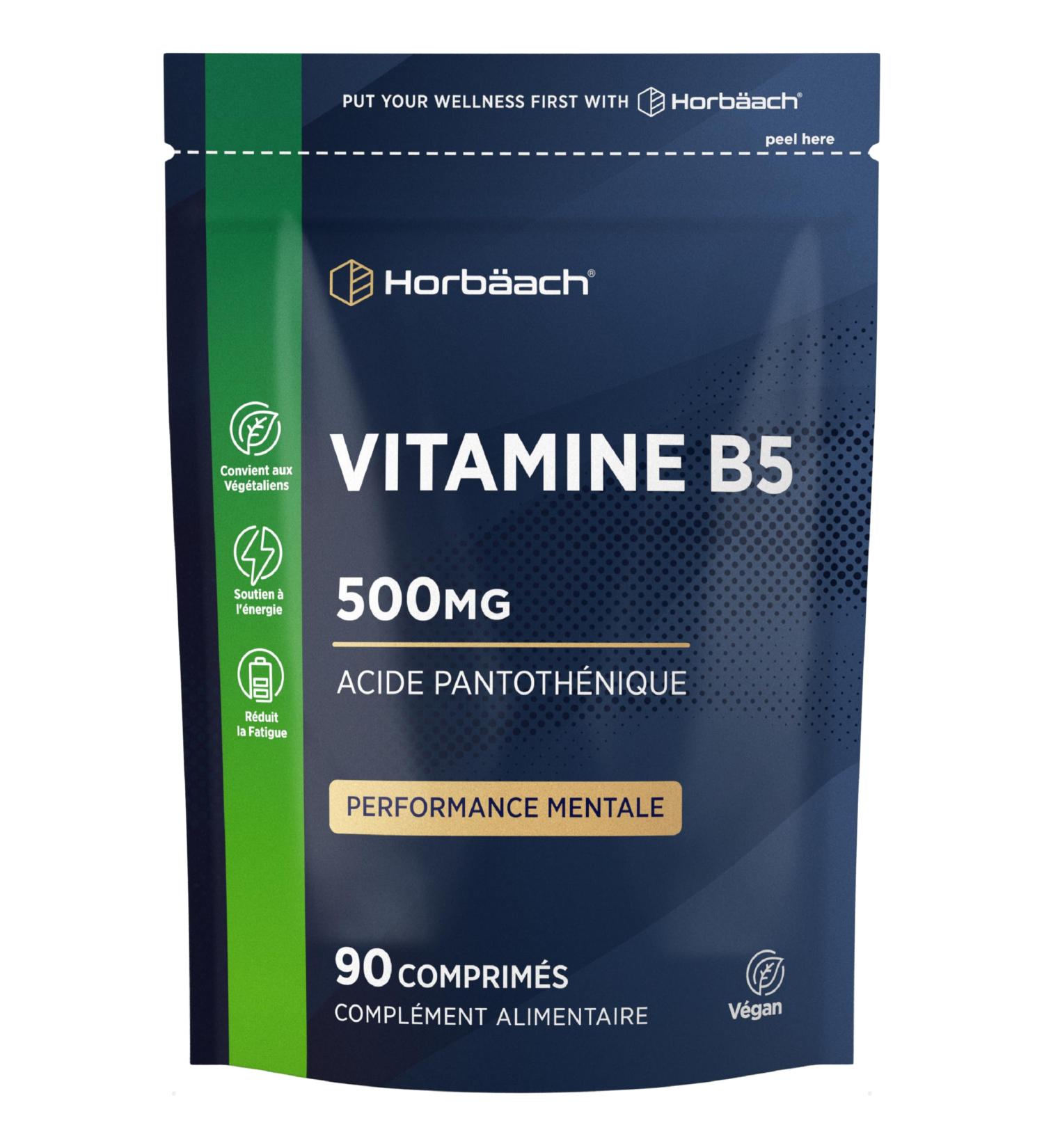 Vitamine B5 Acide Pantoth nique 500mg | 90 Comprim s Vegan | Complem nt Alimentaire Hautement Dos | Pantothenic Acid Supplement | par Horbaach - Buy Online on GoSupps.com