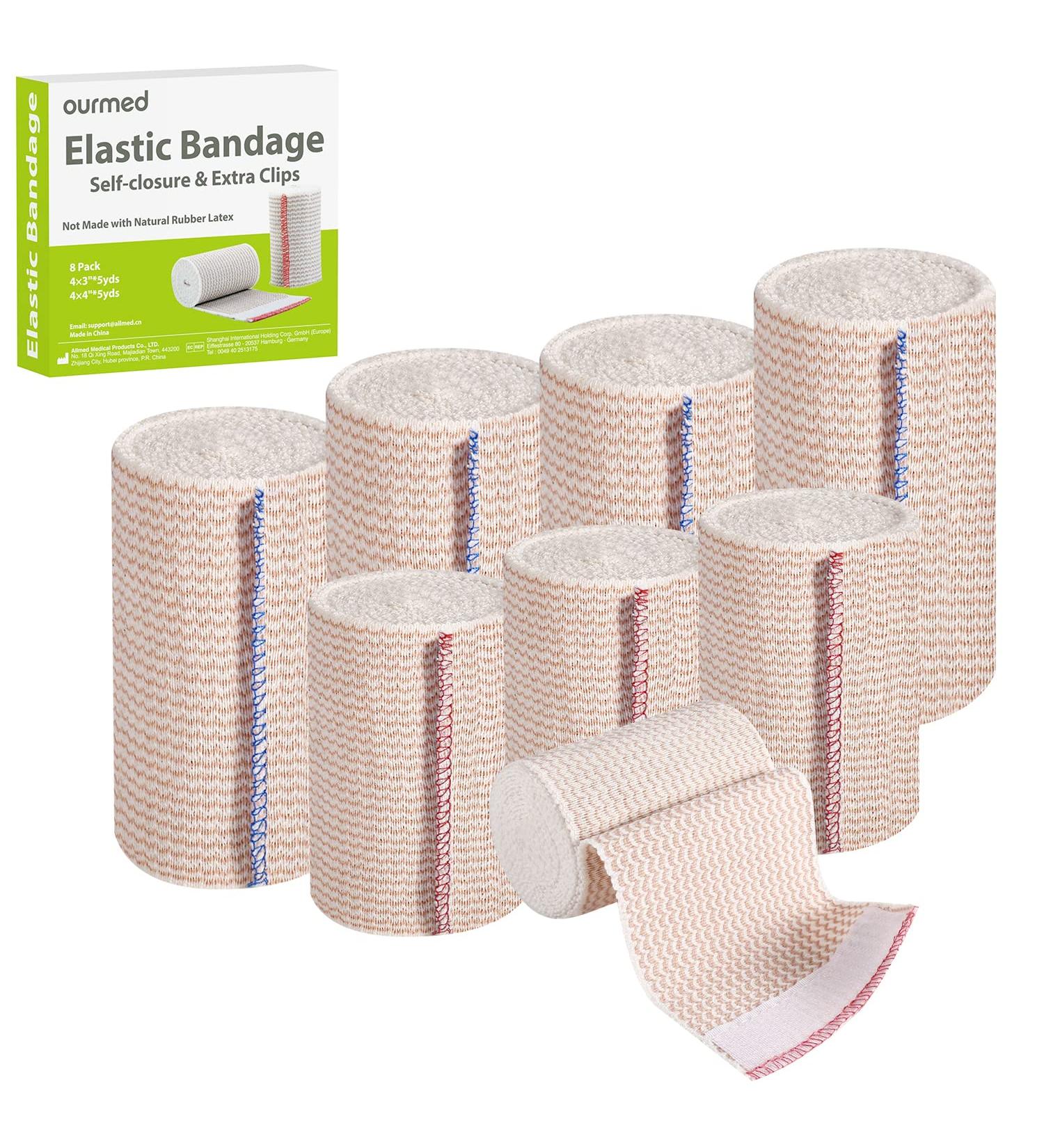 Ourmed Elastic Bandage Wrap with Self Closure & Extra Clips - Latex Free 4x3, 4x4 for Sports, Wrist, Ankle, First Aid Kit (8 Pack) - Buy Online on GoSupps.com