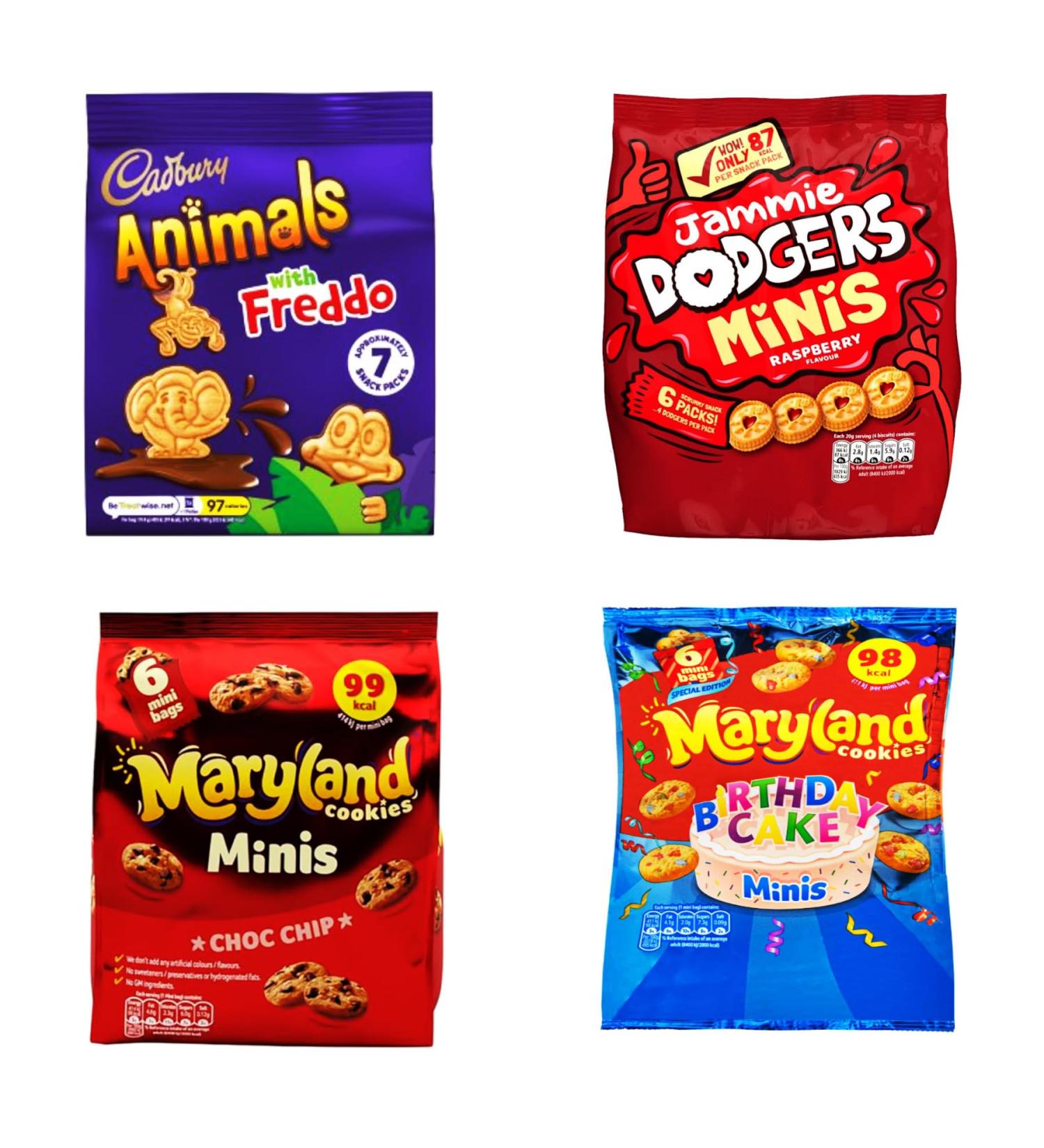 Mini Biscuit Variety Pack Bundle - with Cadbury Mini Animals Marlyalnd Birthday Cake Maryland Choc Chip and Burtons Jammie Dogers 495g Total - Buy Online on GoSupps.com