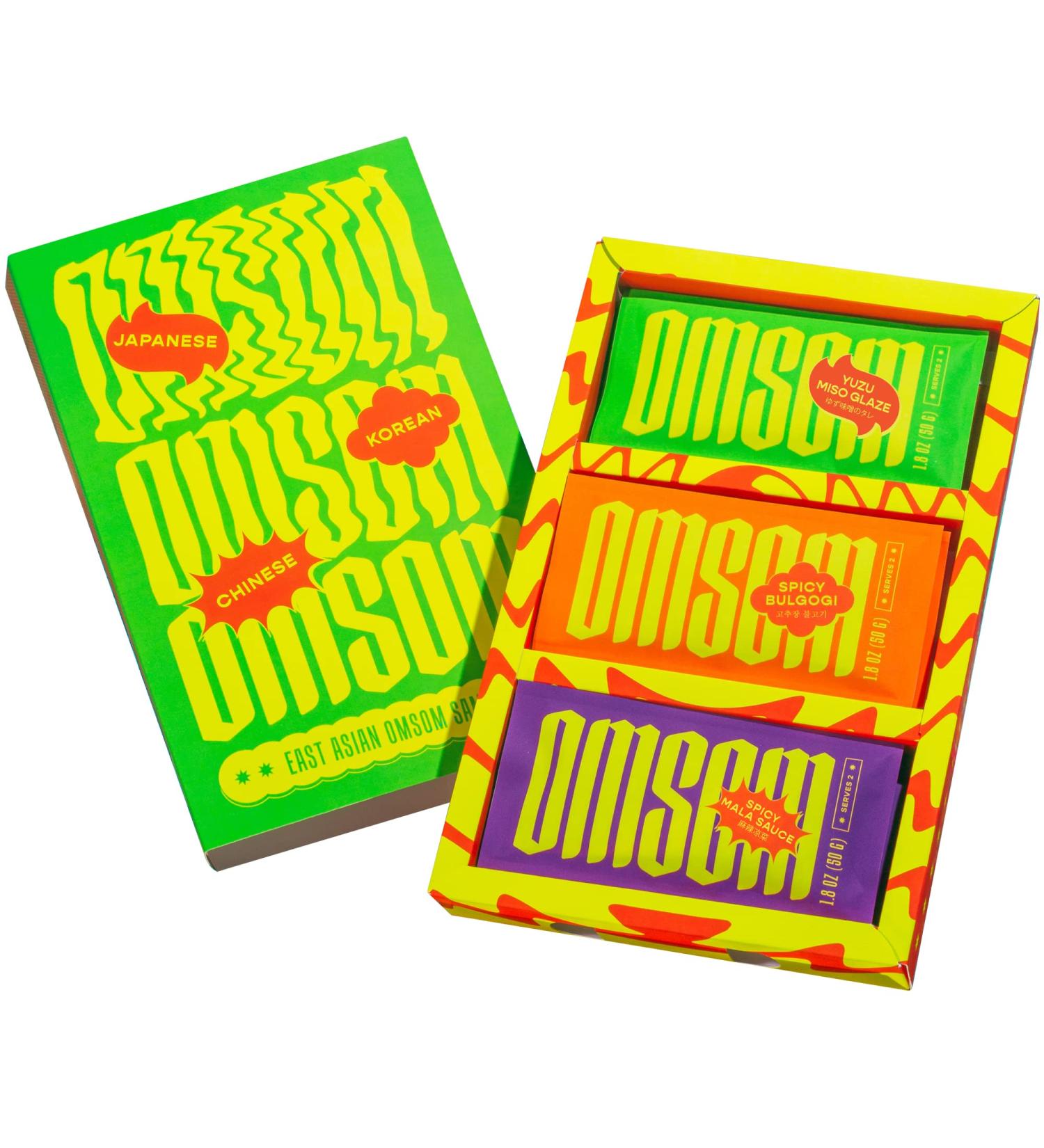 Omsom East Asian Sauce Sampler: Japanese Yuzu Miso, Korean Spicy Bulgogi, Chinese Spicy Mala (6 Packets) - Buy Online on GoSupps.com