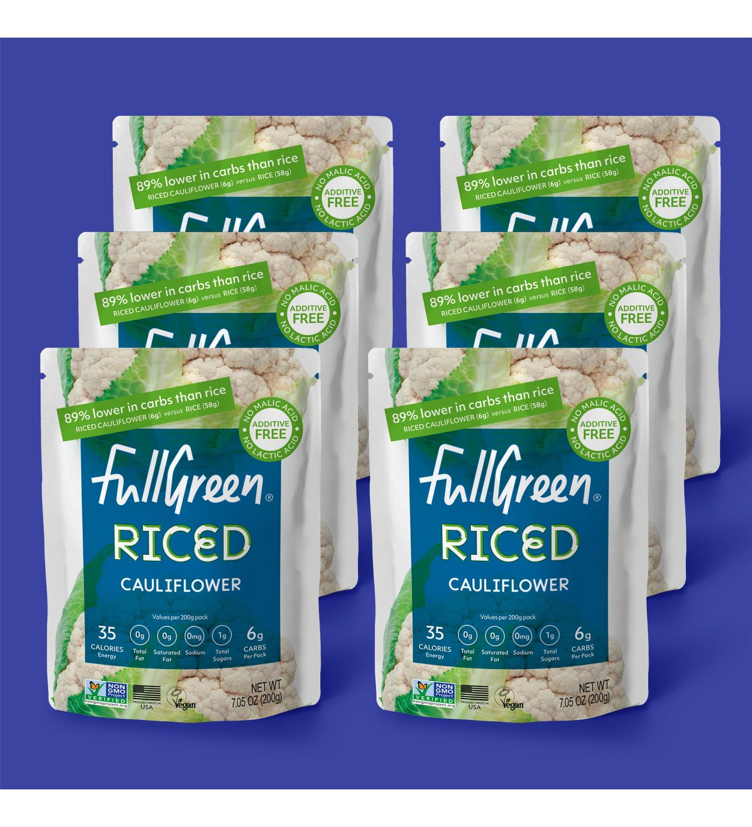 Fullgreen Cauliflower Rice - Low-Carb & Low-Cal - 89% Less Carbs Than Rice - Vegan, Gluten/Grain Free - Non GMO - 6 Pouches - Buy Online on GoSupps.com