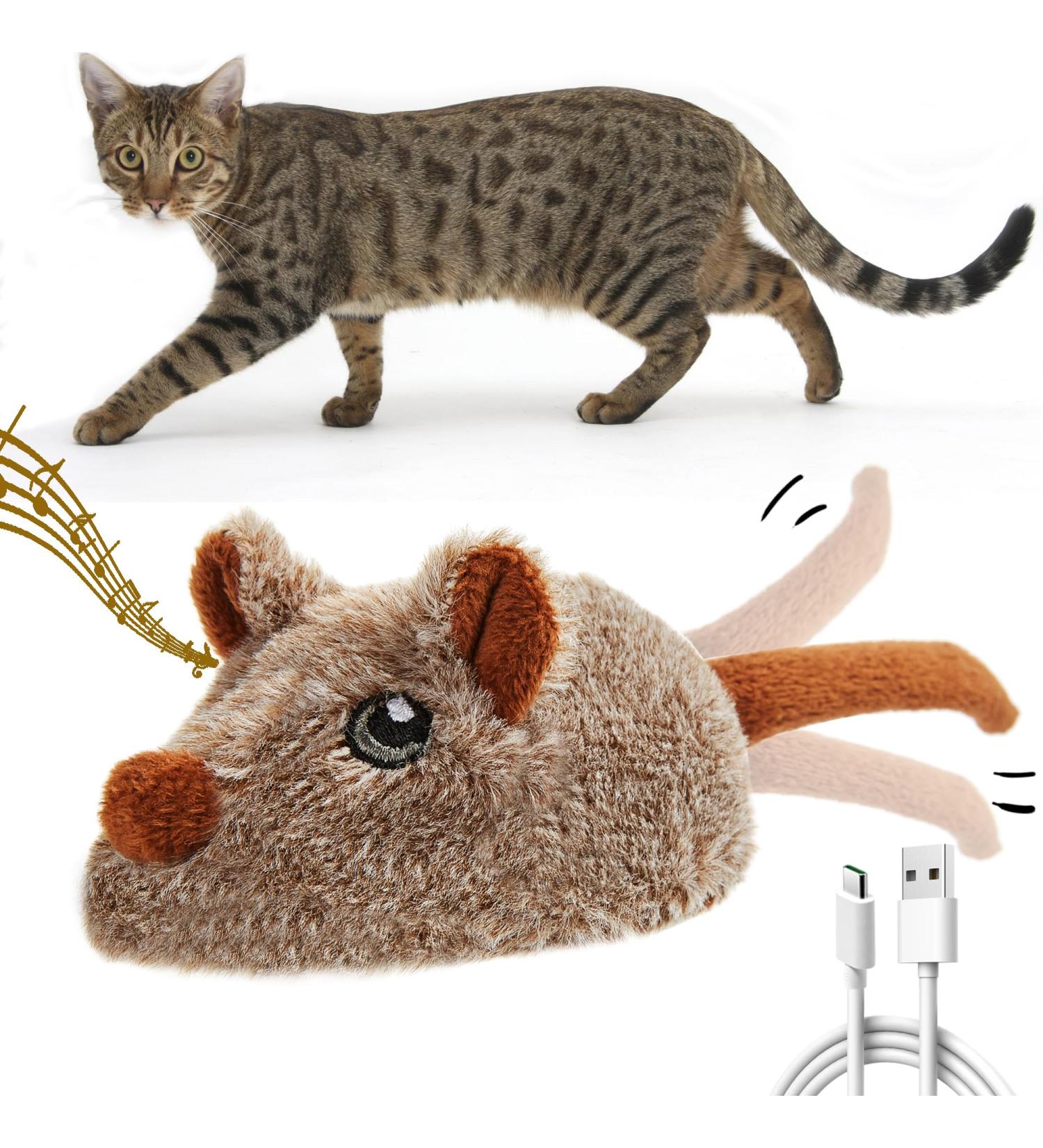 Vealind Rechargeable Cat Toy - Lifelike Mouse with Wagging Tail & Squeak Electronic Mice for Indoor Cats | USB Touch Activated Kitten Toy (Black/Brown) - Buy Online on GoSupps.com