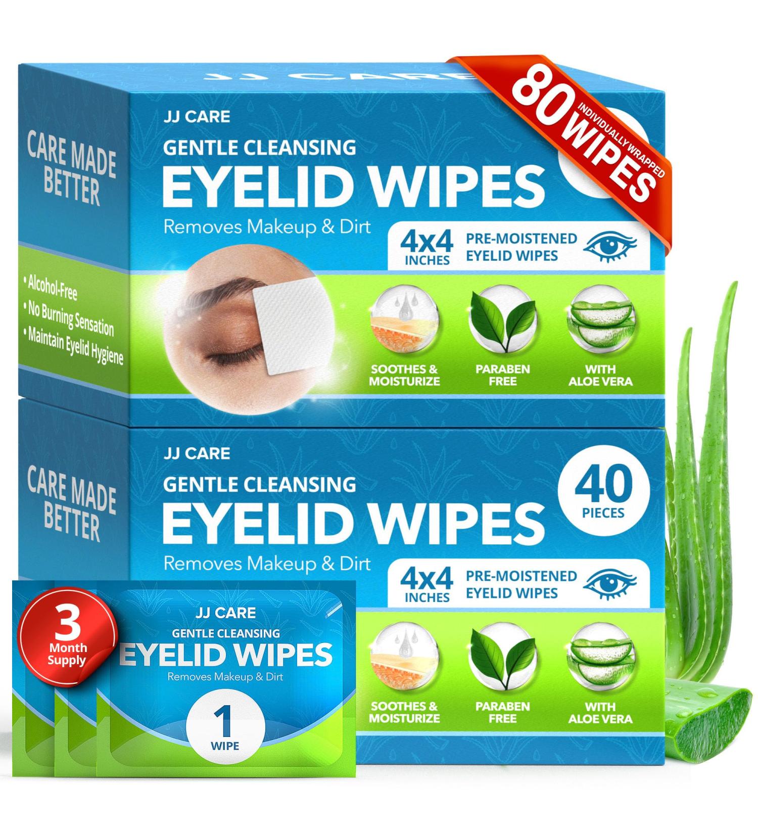 JJ CARE Eyelid Cleaning Wipes - 80 Individually Wrapped Hypoallergenic Eye Scrub Pads for Irritated Itchy & Dry Eyes - Unscented Moisturizing Wipes - Buy Online on GoSupps.com