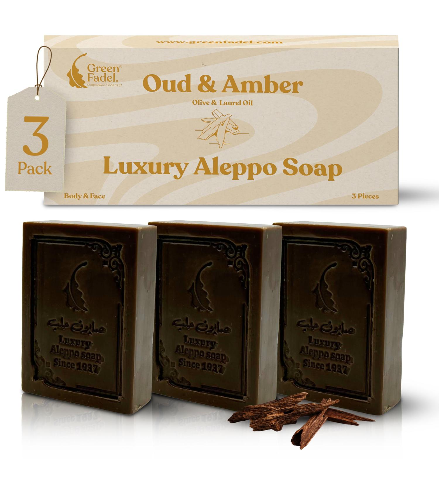  Green Fadel (Luxury) Original Aleppo Soap with Oudh & Amber 3 pieces Aleppo soap with olive oil & bay oil olive oil soap natural soap Luxury Aleppo Soap - Buy Online on GoSupps.com