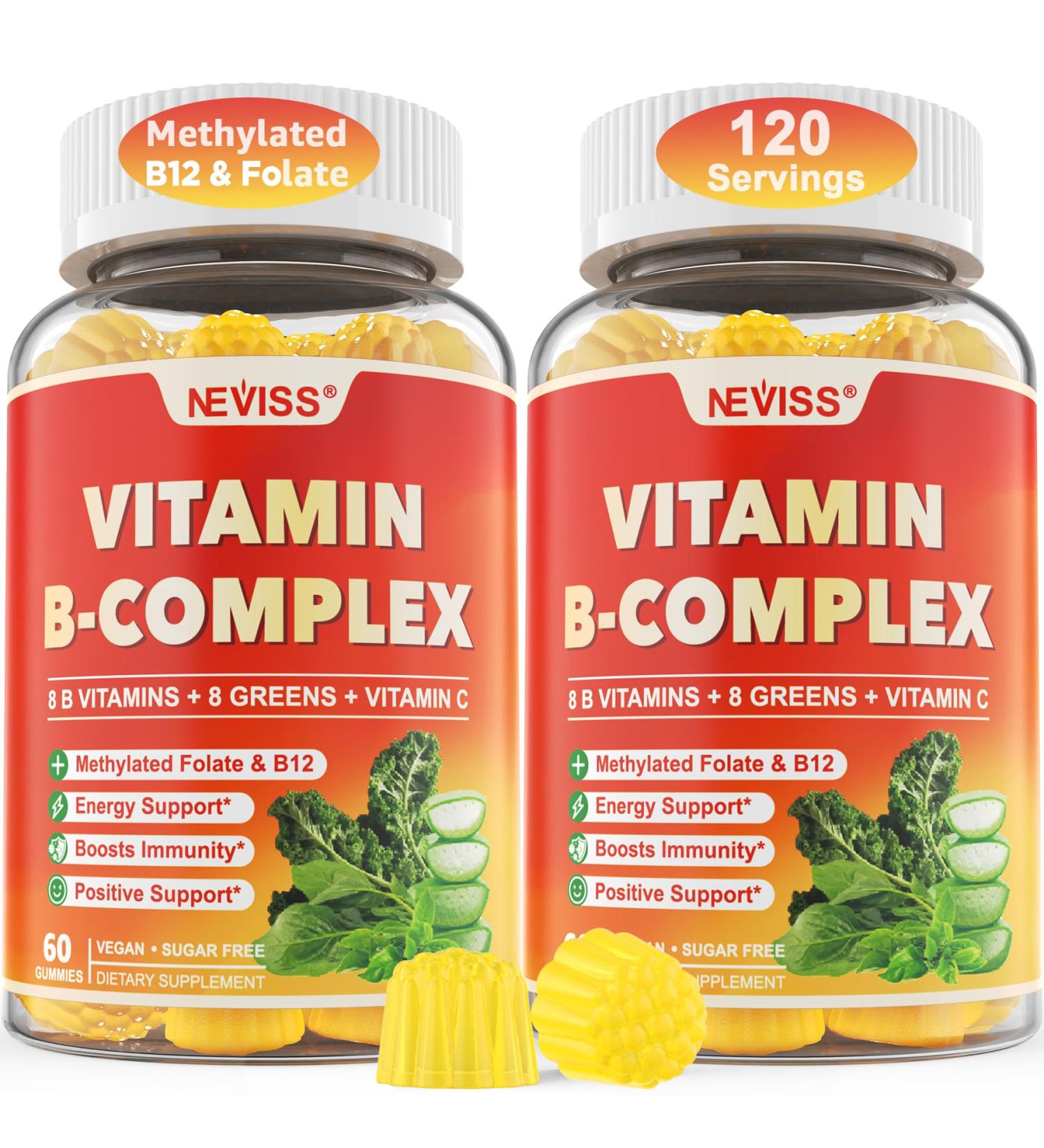 NEVISS Vitamin B Complex with B1, B2, B3, B5, B6, B7, B9, B12, C, Zinc & Organic Greens Blend - Methylated B Complex Gummies Supplements for Energy, Immune Support and Focus -Sugar Free, 2-Pack - Buy Online on GoSupps.com