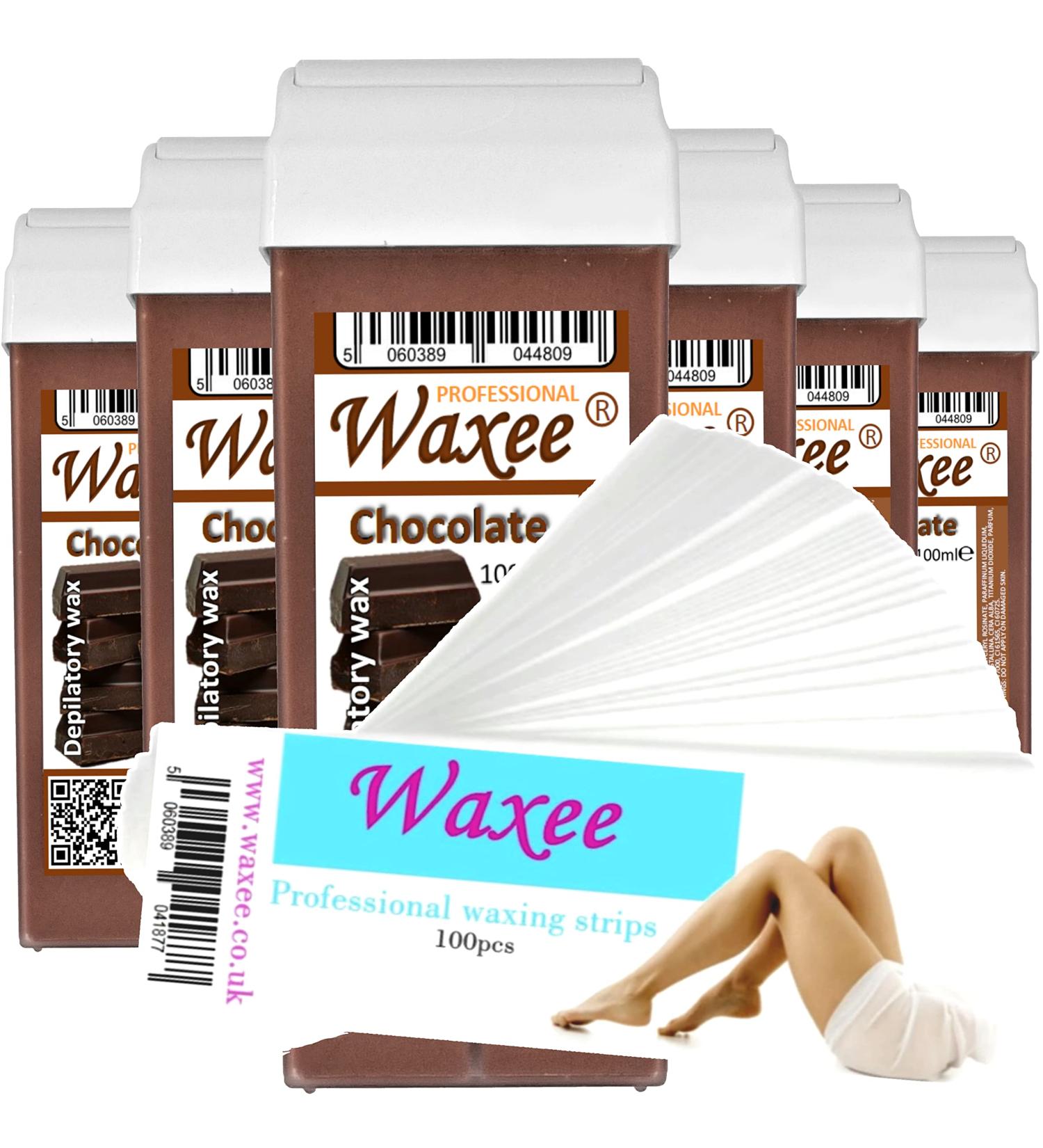 6x 100ml Roller ROLL ON WAX CARTRIDGE + 100 strips Body & Leg "Waxee" NEW FORMULA (Chocolate TiO2 line)